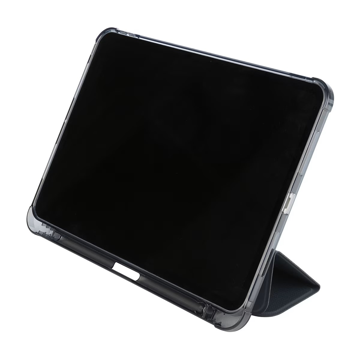 Tableta negra en una funda transparente, vista en ángulo. La funda tiene una función de soporte. Fondo blanco.