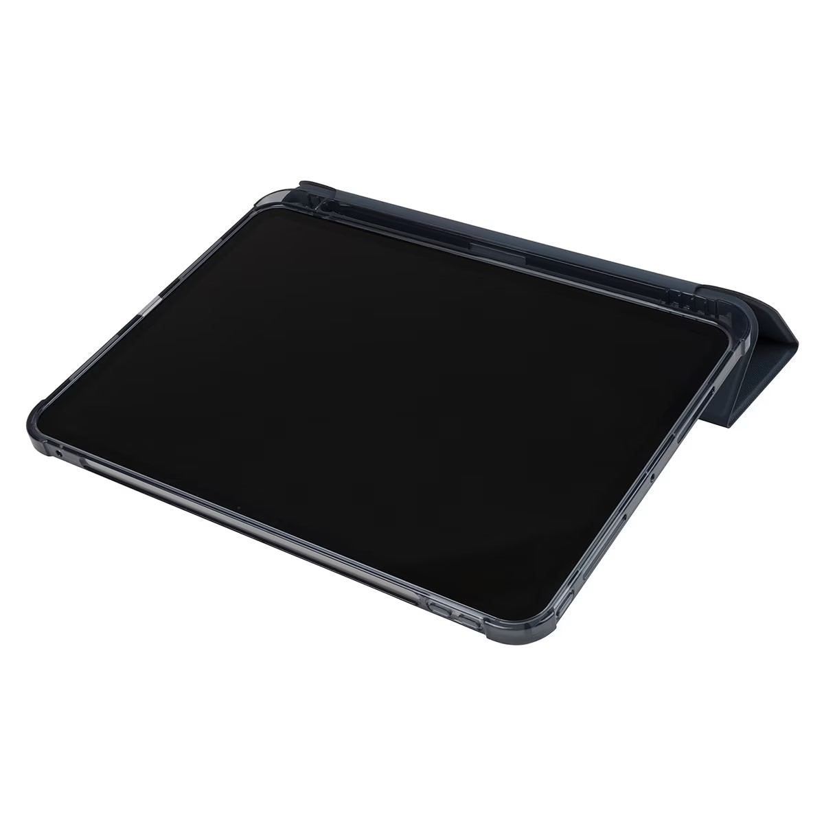 Una tableta en un estuche, la pantalla es negra. El estuche es azul oscuro.