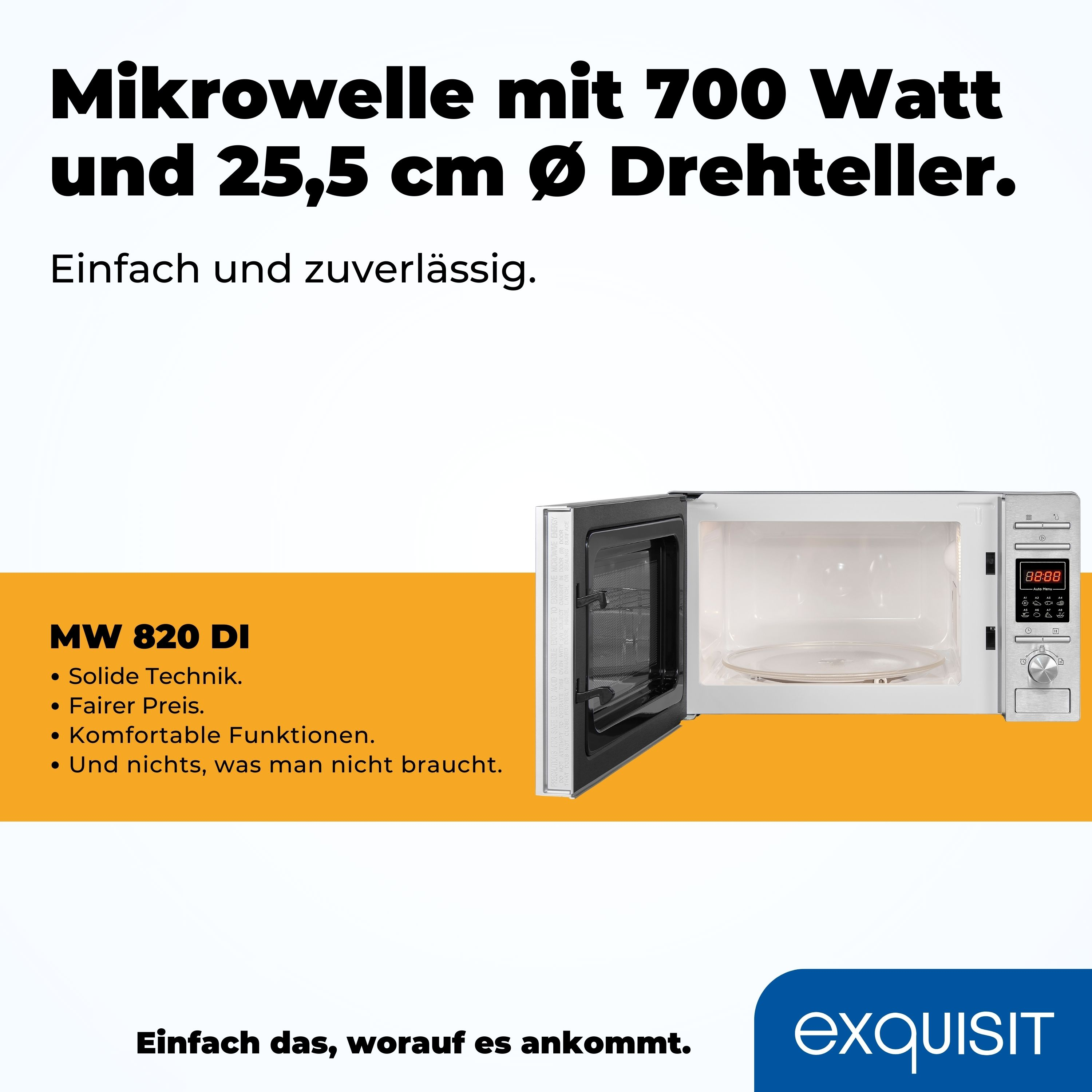 Weißer Mikrowellenherd mit offener Tür. Text über Watt und Durchmesser. Weißer Hintergrund.