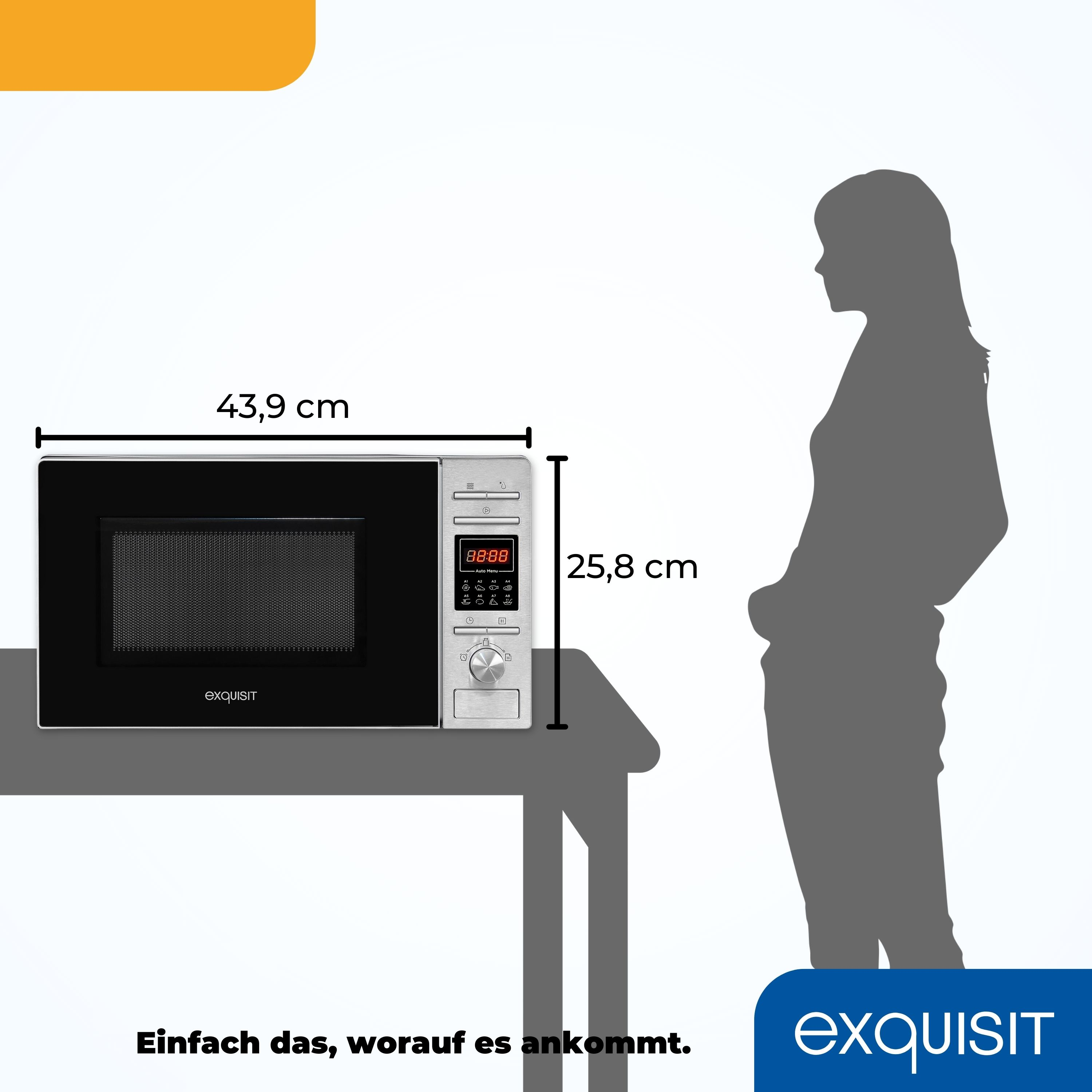 Eine Mikrowelle mit schwarzer Tür und silbernem Bedienfeld. In der Nähe steht eine Silhouette.
