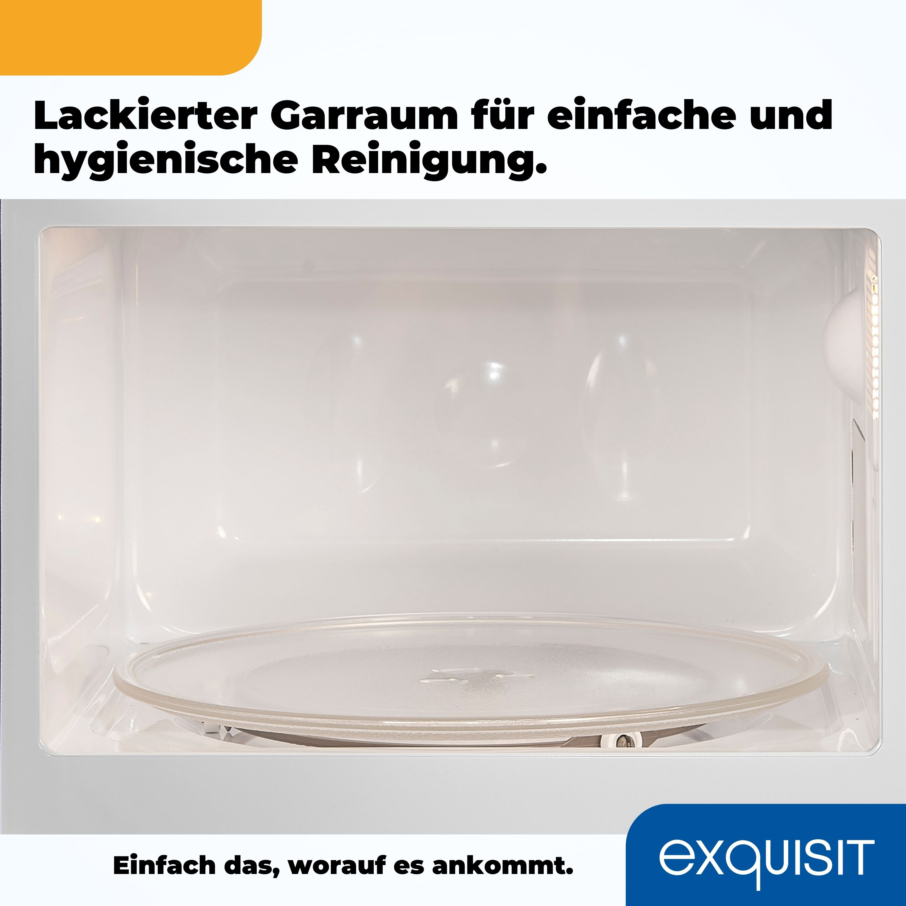 Innenraum eines weißen Mikrowellenherds, mit Glasplatte, Text auf Deutsch.