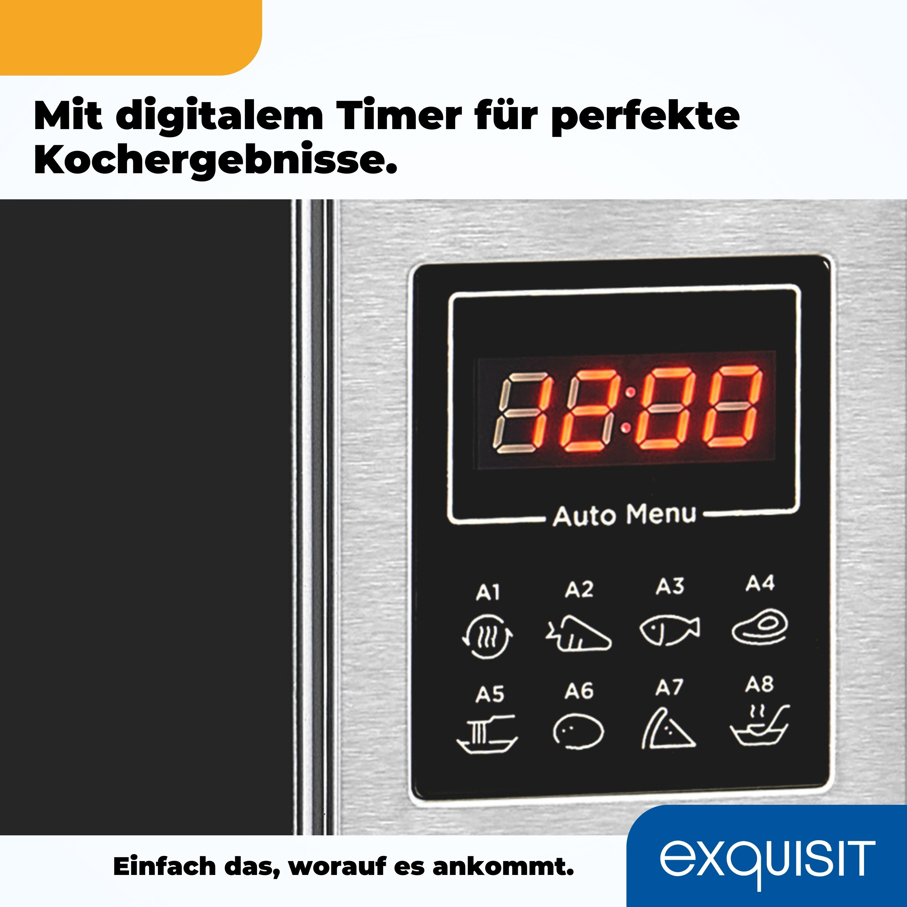Mikrowelle mit digitaler Anzeige. Schwarzer Bildschirm mit roten Zahlen und Tasten. Weißer Hintergrund.