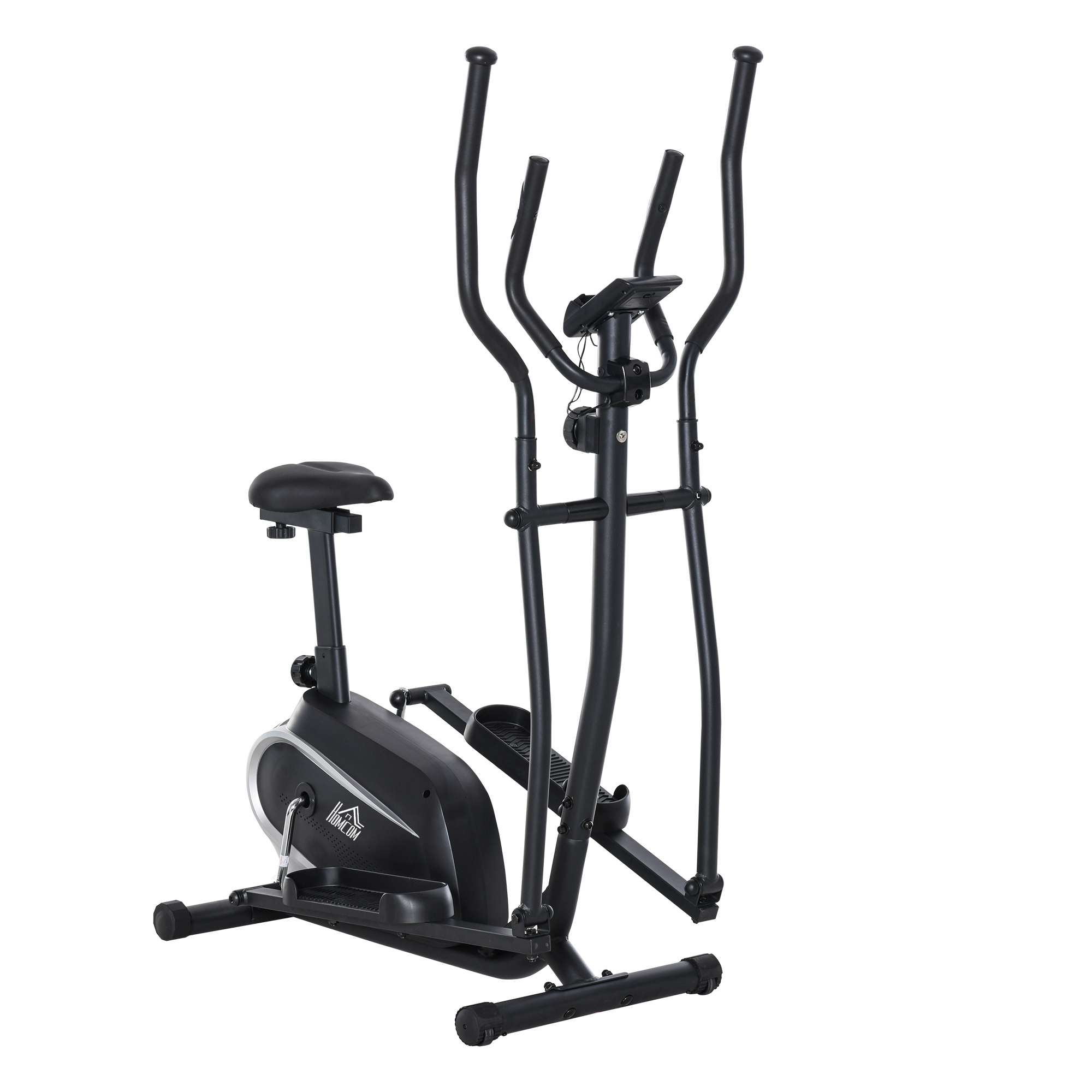 Crosstrainer ellittico nero su sfondo bianco. È inclinato verso sinistra.