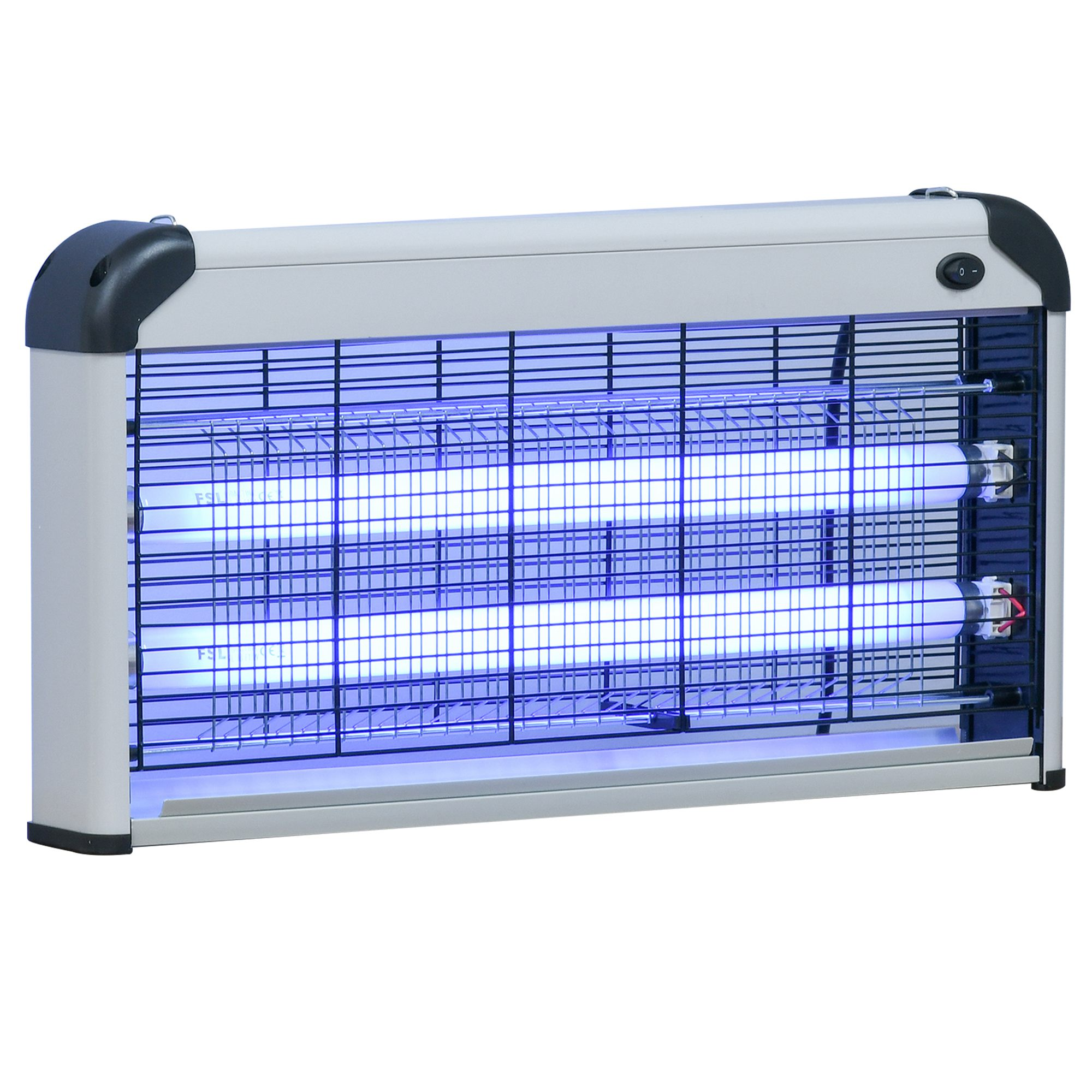 Zanzariera rettangolare con luce blu, cornice argentata e dettagli neri.