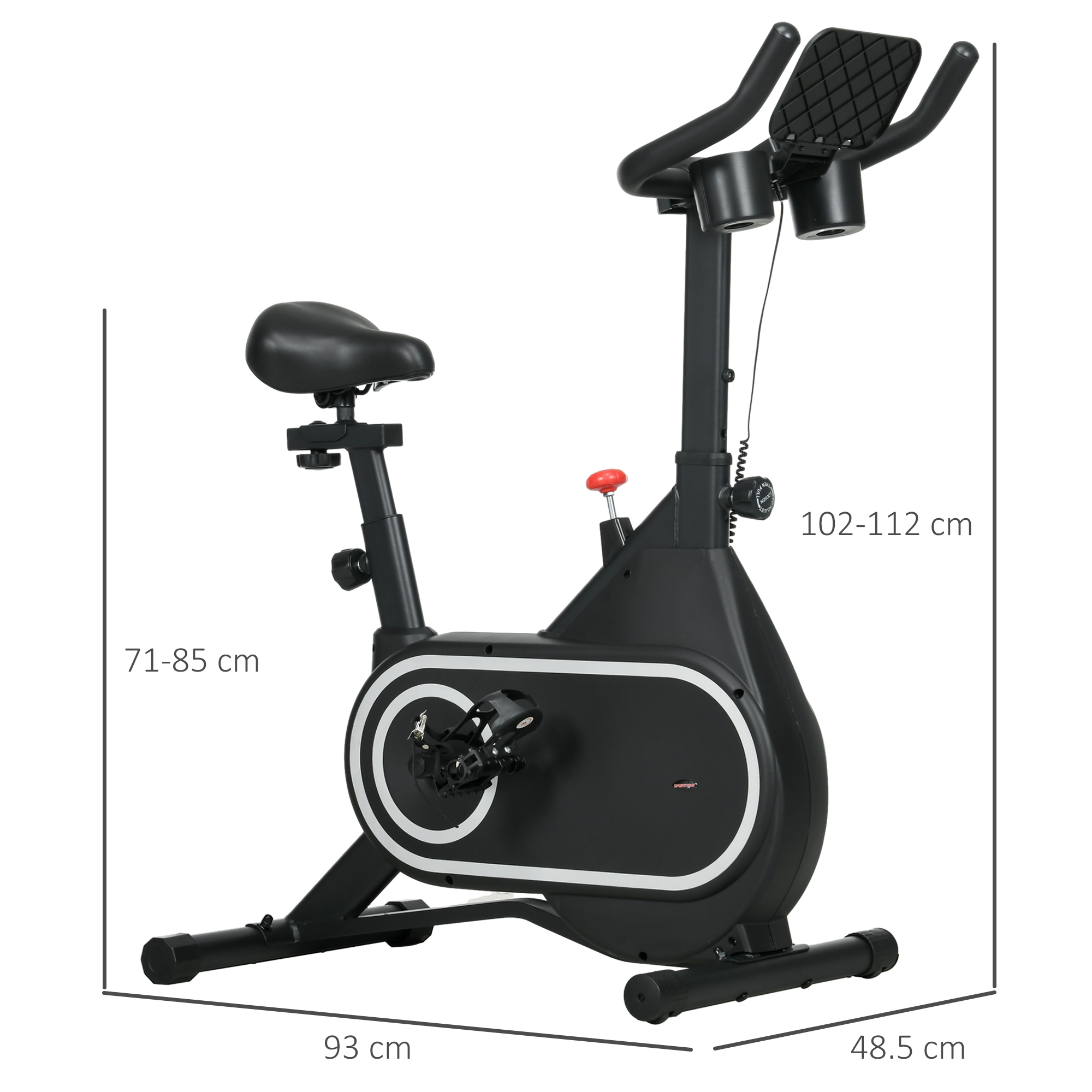 Bicicletta da ginnastica nera con dettagli argento. Sono indicate le dimensioni. Ha sella, pedali e manubrio.