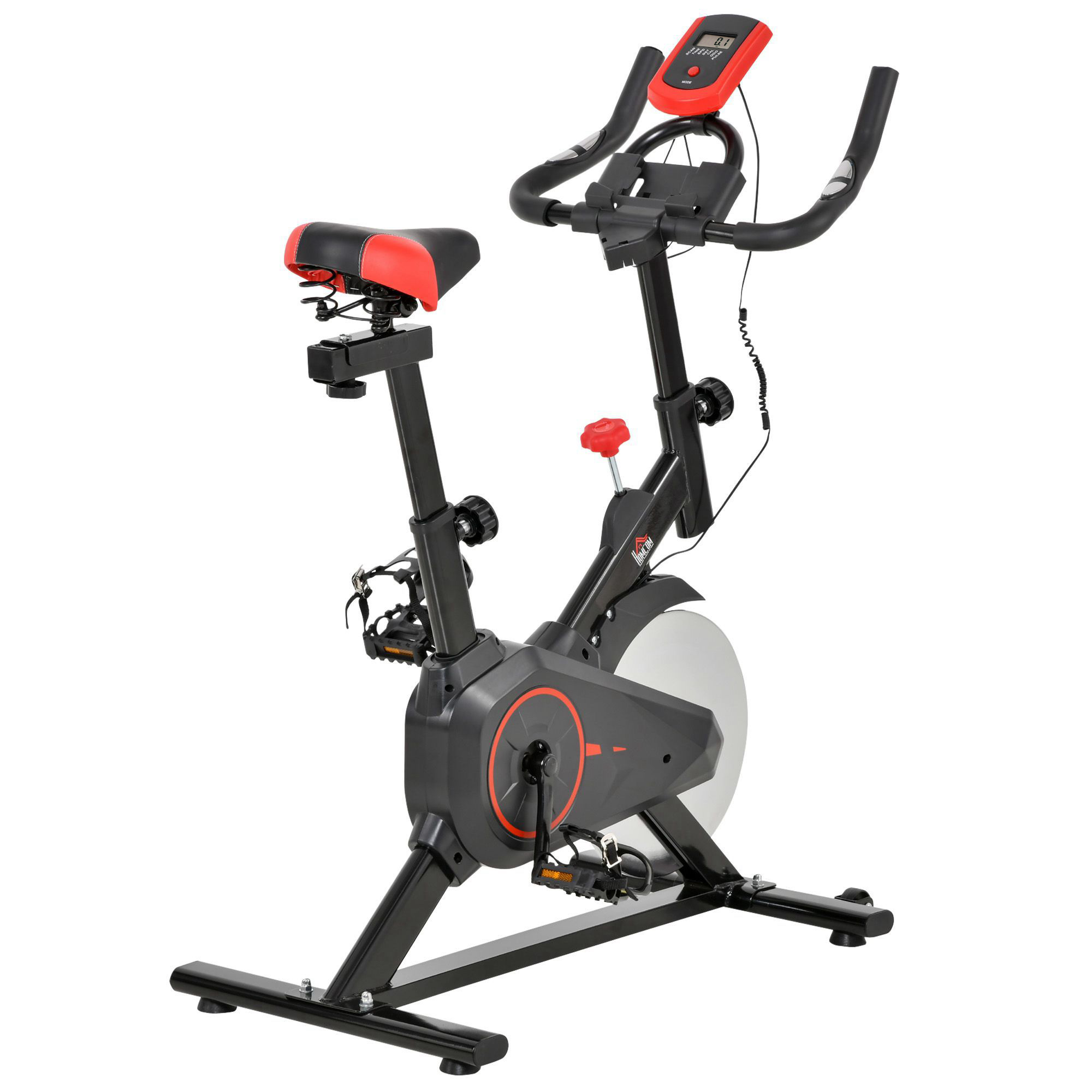 Schwarzer Heimtrainer mit rotem Sitz und Display. Er hat ein silbernes Schwungrad, auf weißem Hintergrund.