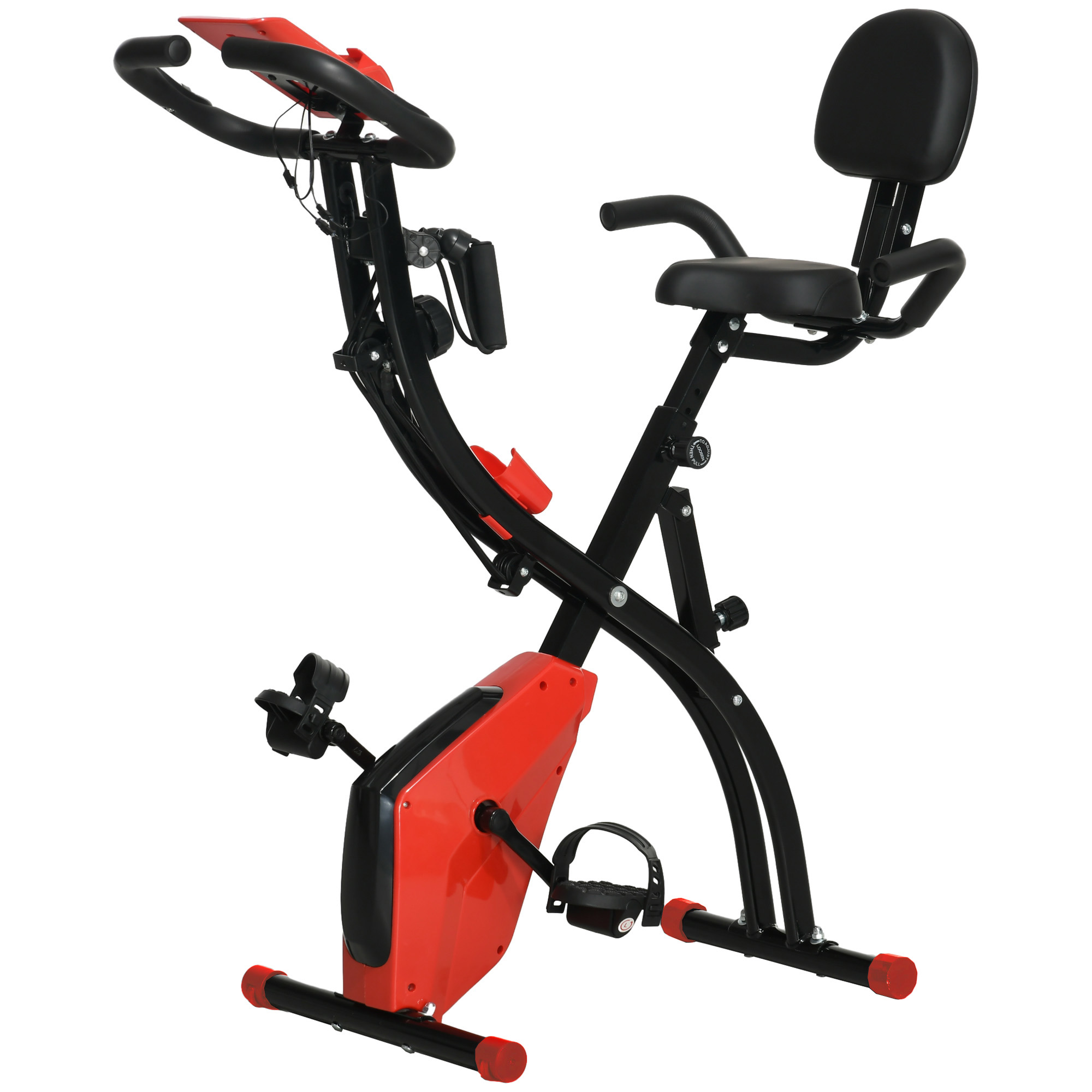 Rotes und schwarzes klappbares Trainingsfahrrad, isoliert auf weißem Hintergrund.