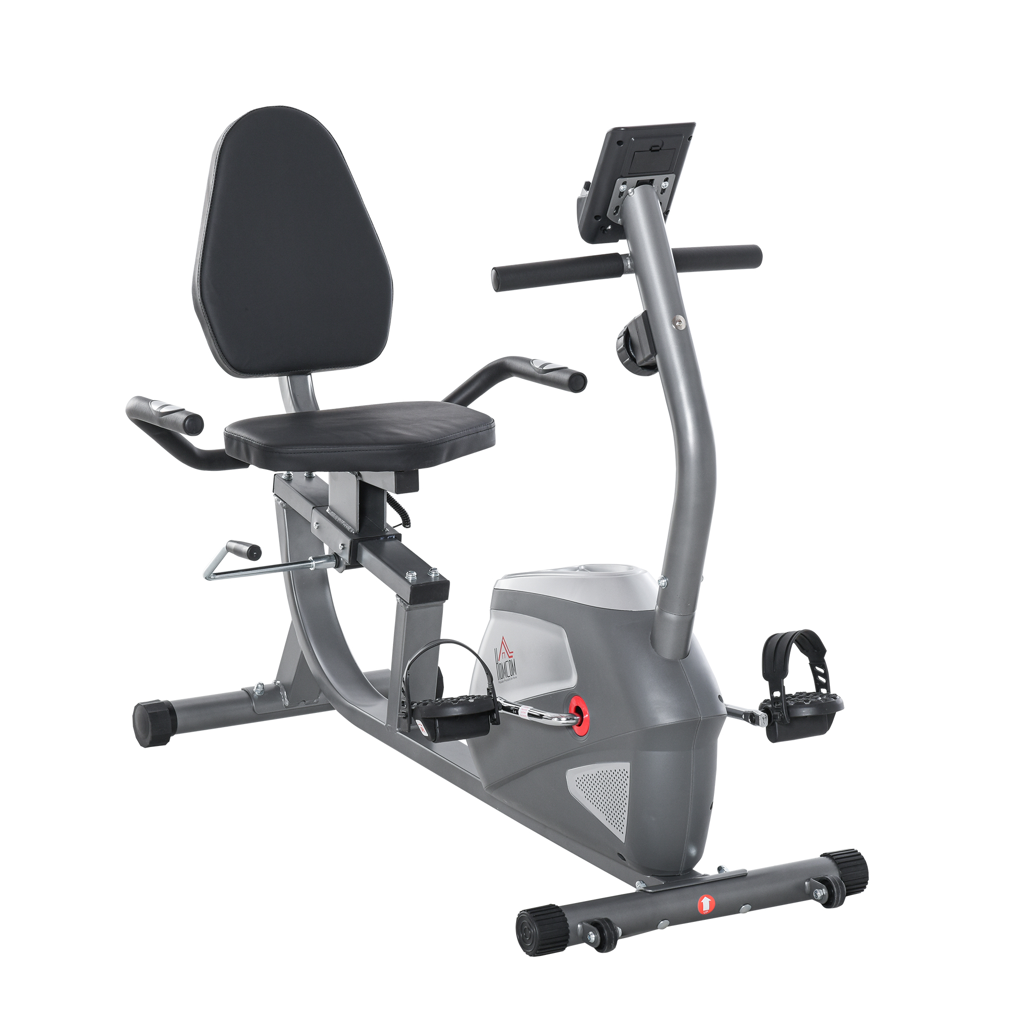 Cyclette reclinata grigia. Ha un sedile nero, uno schienale e un display, su sfondo bianco.