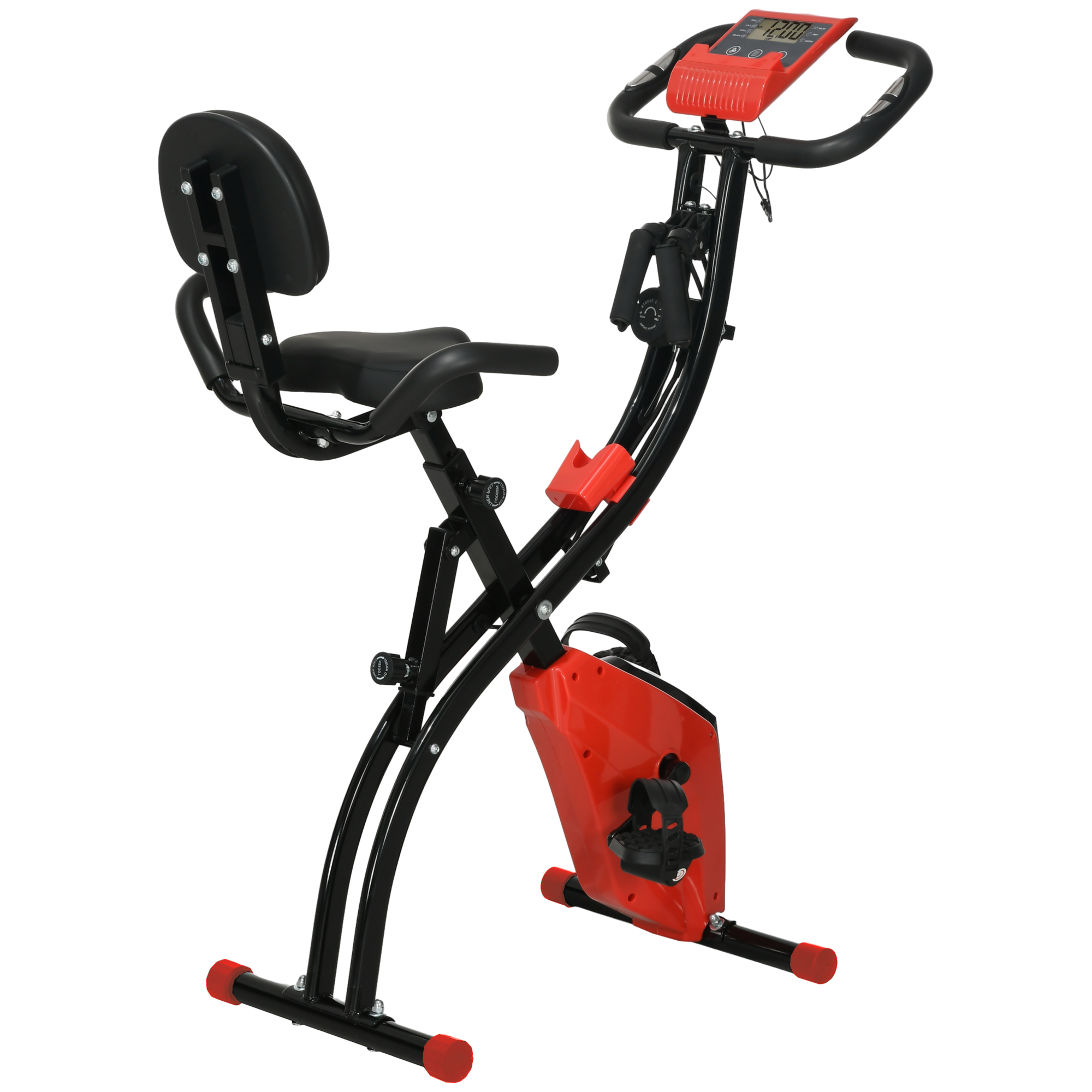 Cycolocamera pieghevole con telaio rosso e nero. Con schienale, sedile e display digitale.
