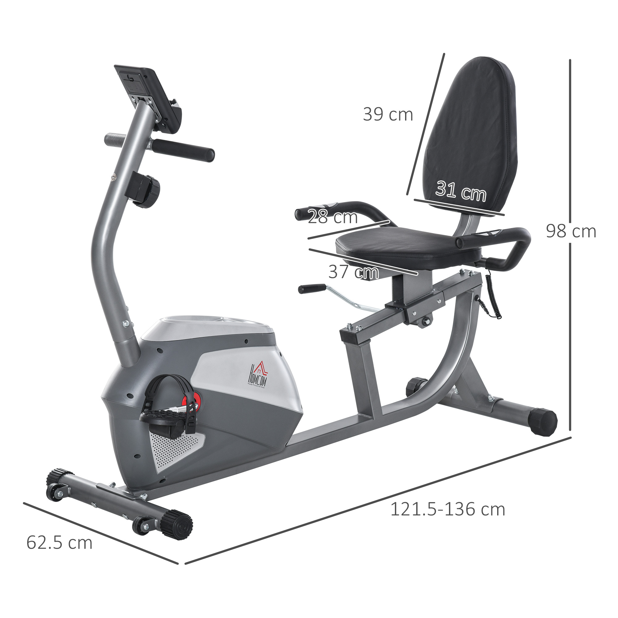 Una cyclette reclinata con misure. Telaio grigio, sedile nero e dimensioni etichettate.