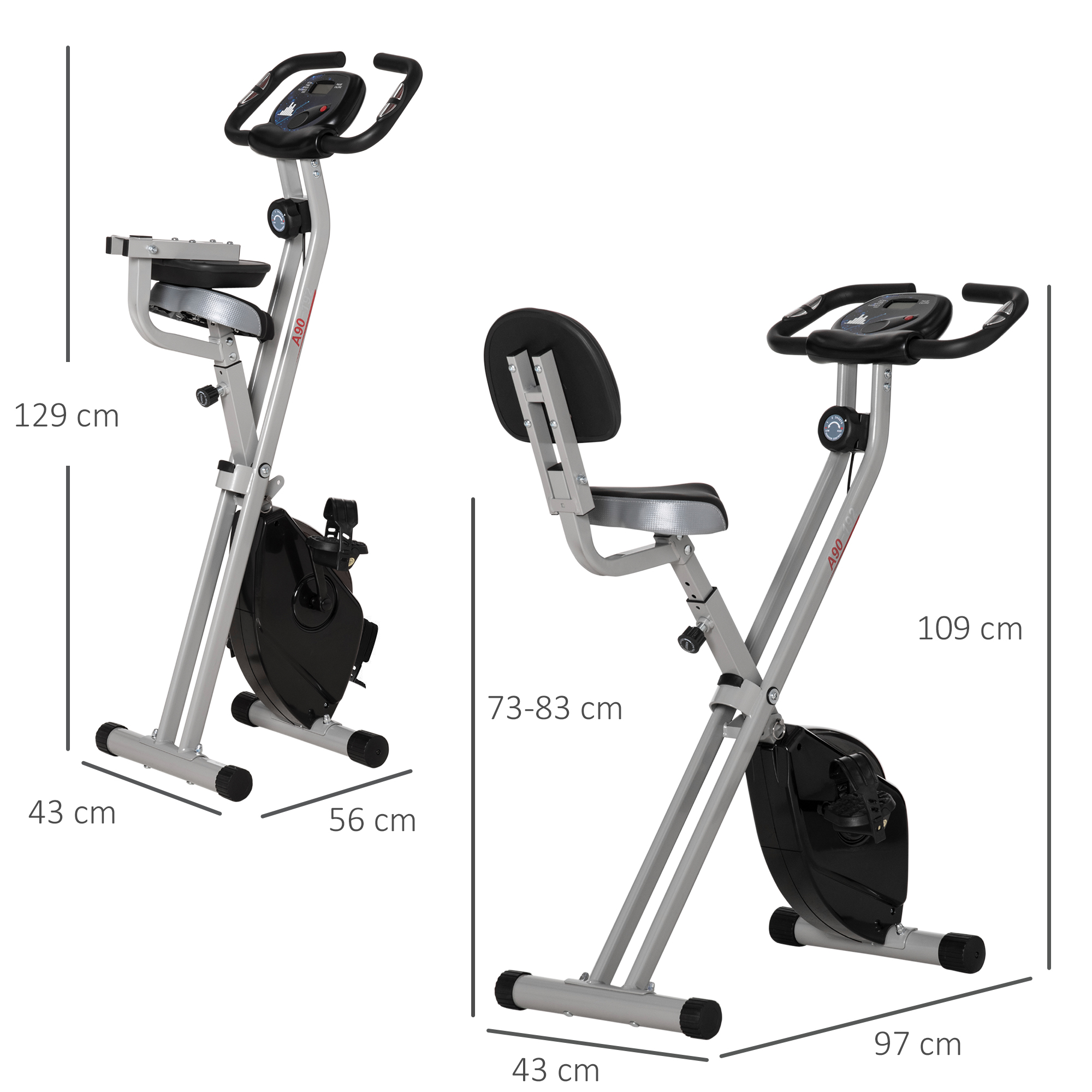 Due cyclette. Uno con telaio nero e argento, l'altro grigio. Le dimensioni sono indicate.