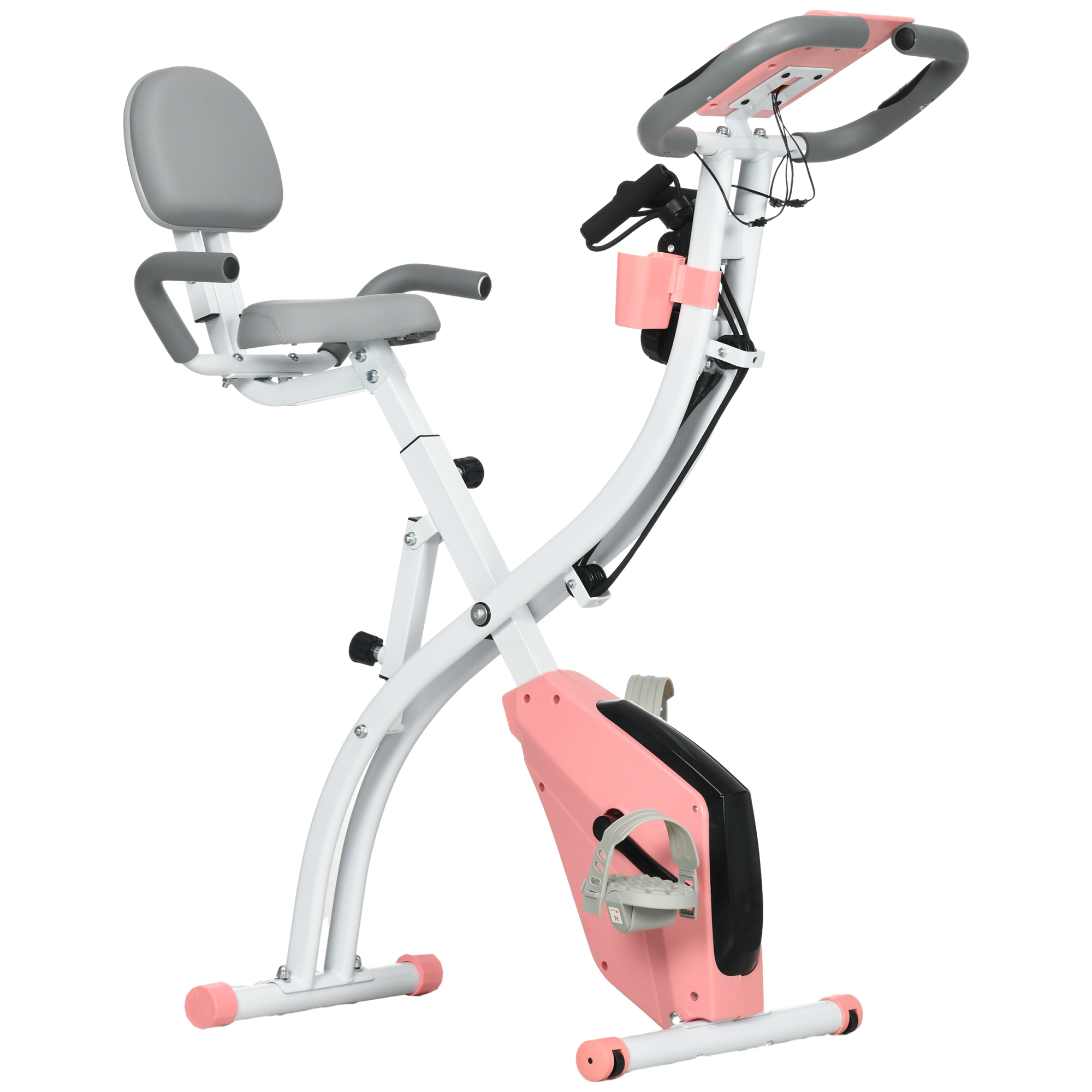 Weißes und rosa zusammenklappbares Trainingsfahrrad, isoliert auf weißem Hintergrund.