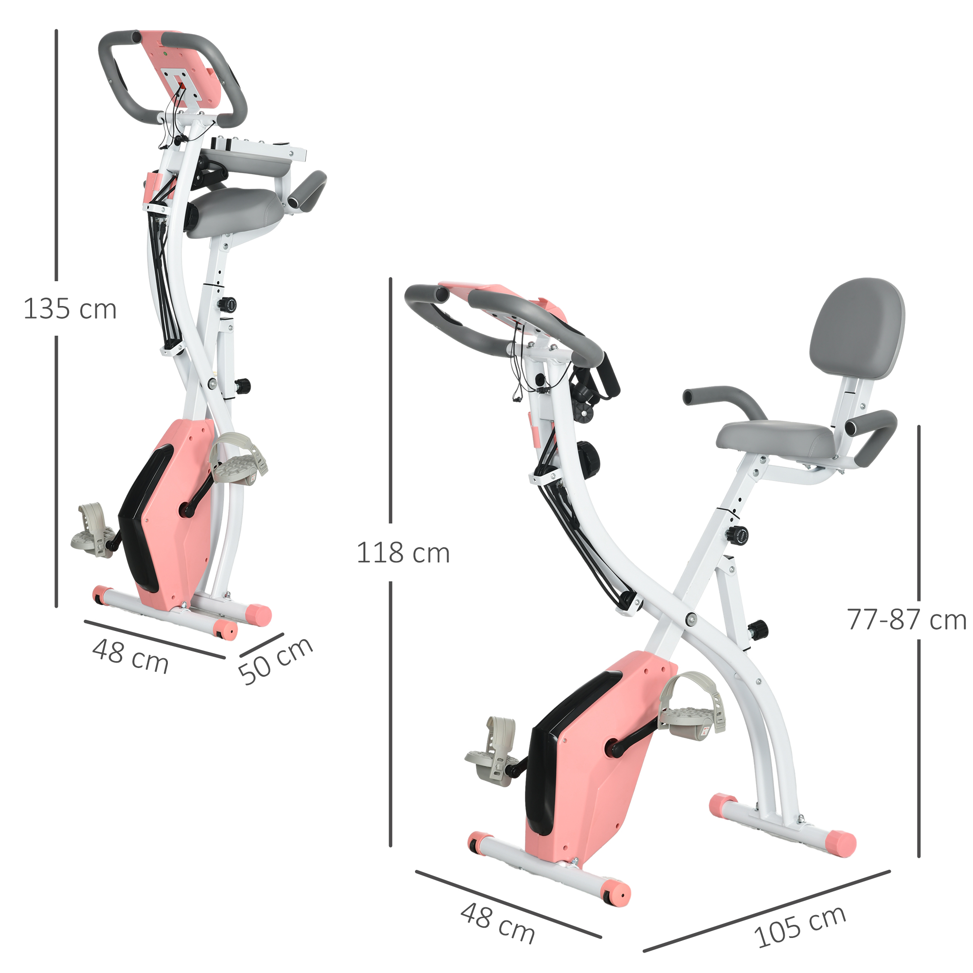 Due cyclette rosa e bianche con dimensioni etichettate. Una è piegata per riporla.