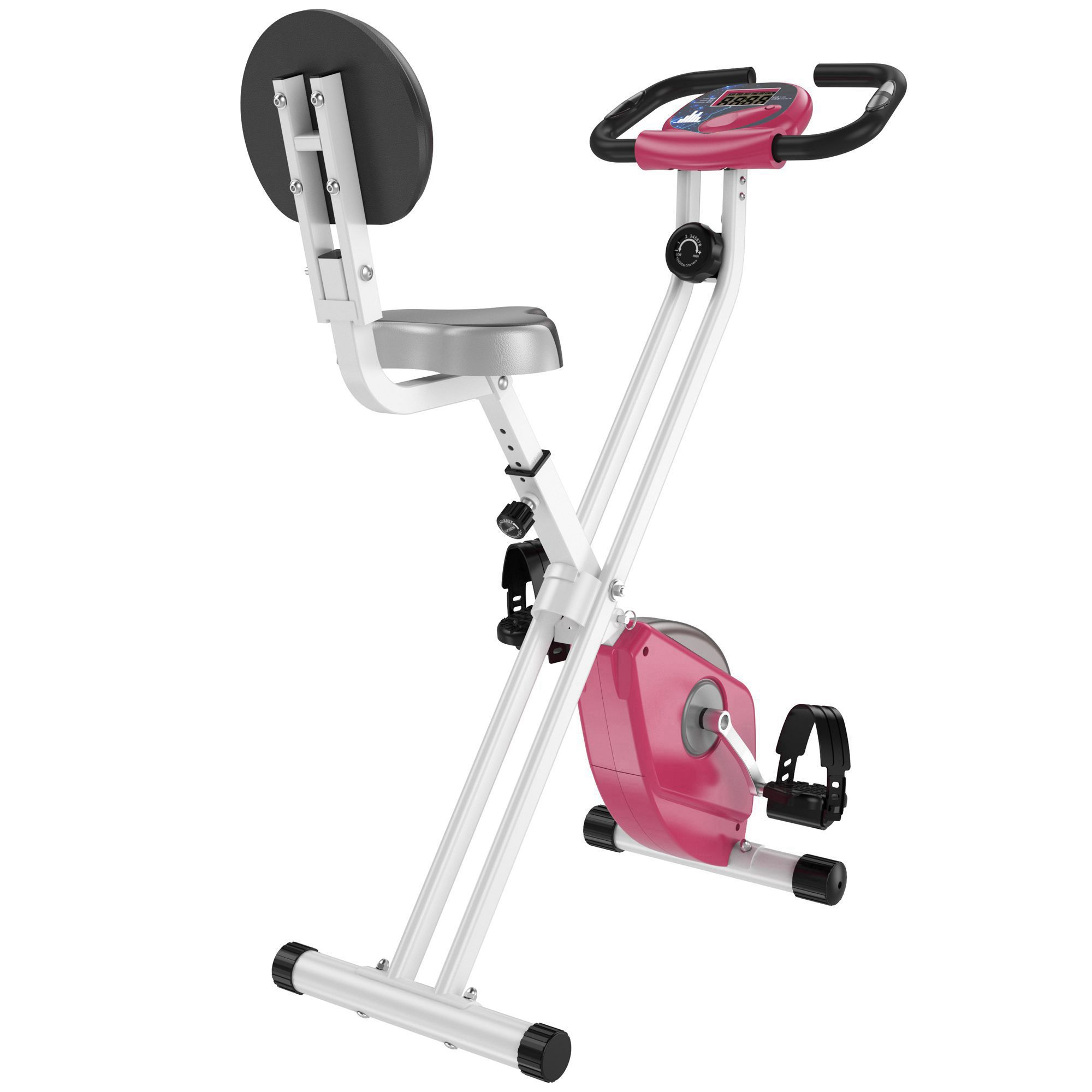 Bicicletta da spinning, telaio bianco, dettagli rosa, sella, schienale e display.