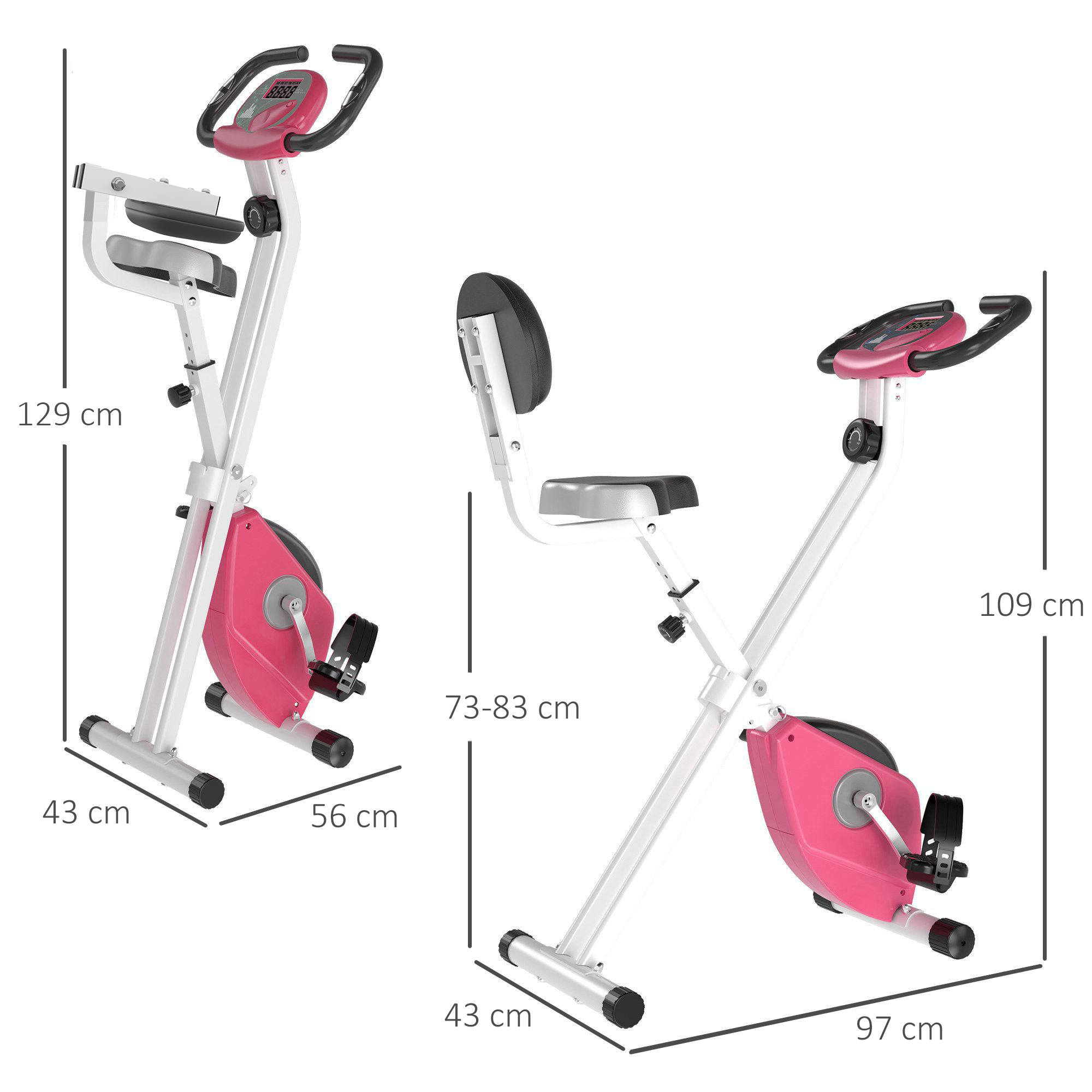 Bicicletta da camera rosa, due viste: una eretta, una piegata. Dimensioni in centimetri.