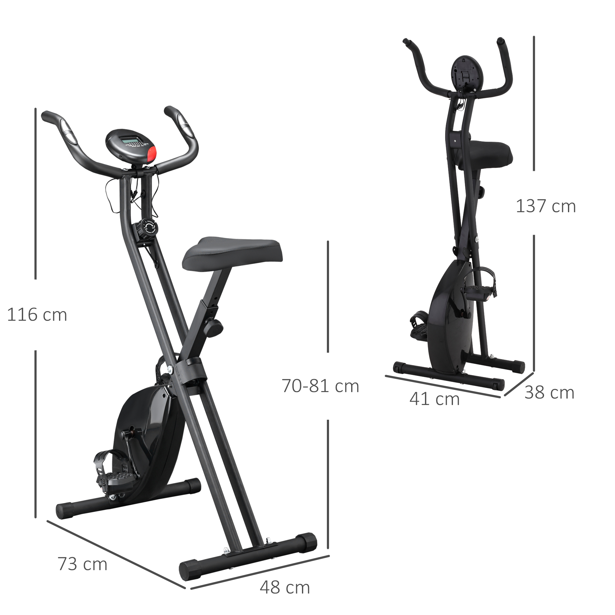 Cyclette pieghevole nera con dimensioni. Ha un sedile nero e un display, su sfondo bianco.