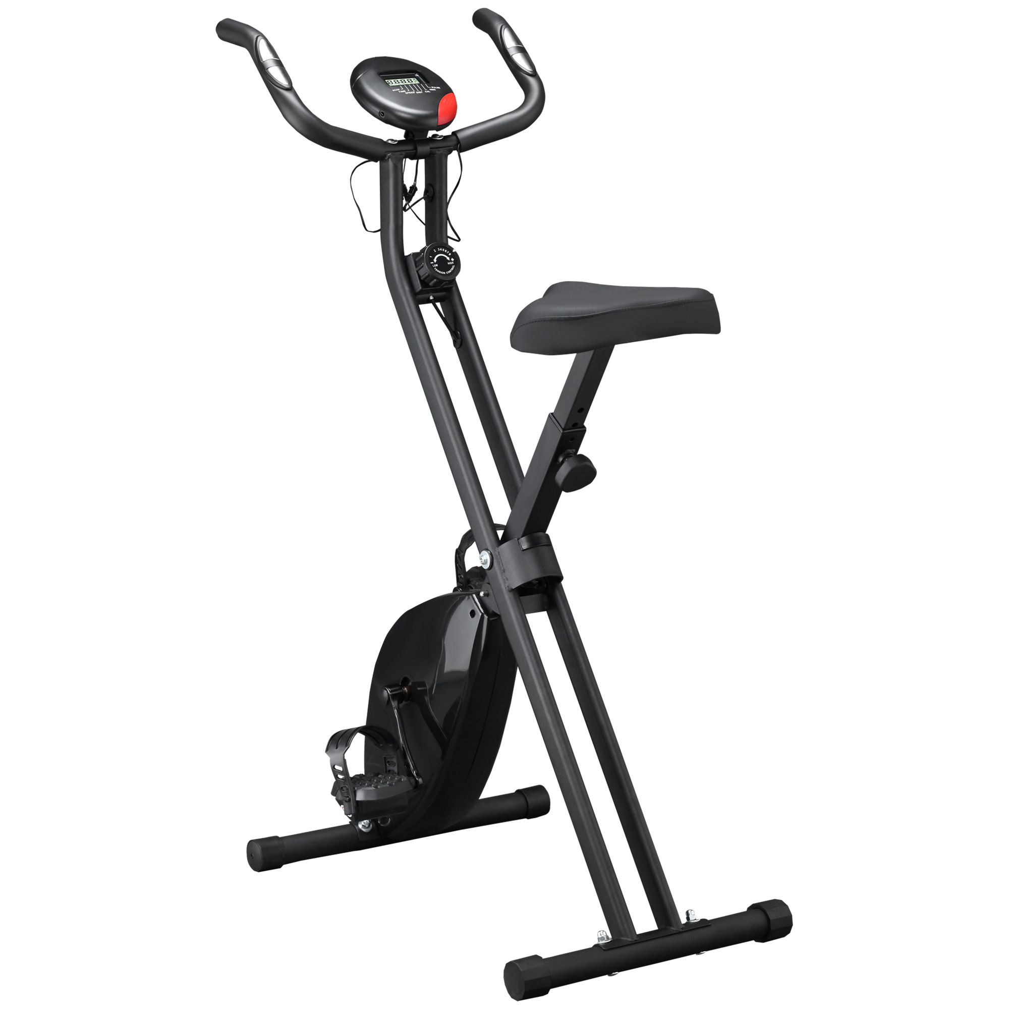 Una cyclette nera. Ha un display digitale e maniglie nere.