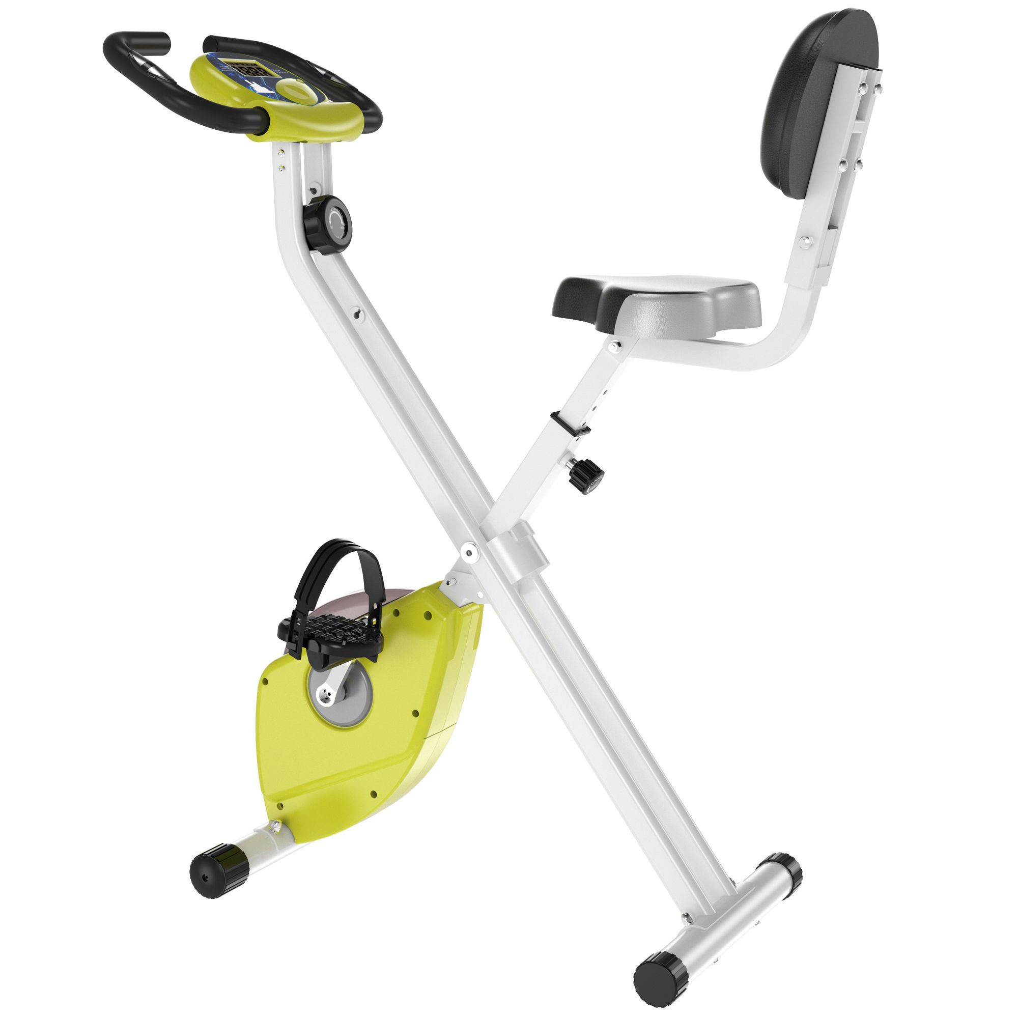 Grünes und weißes Heimtrainer. Der Sitz ist schwarz und der Griff ist grün. Der Hintergrund ist weiß.