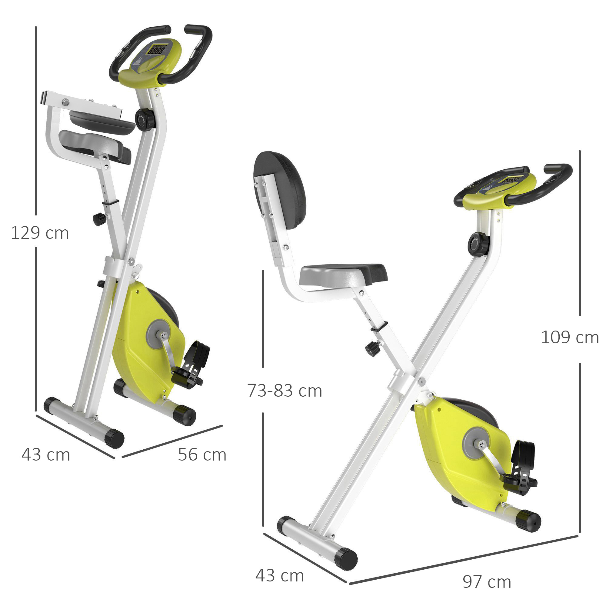 Due cyclette piegate, bianche e verdi. Le dimensioni sono indicate.