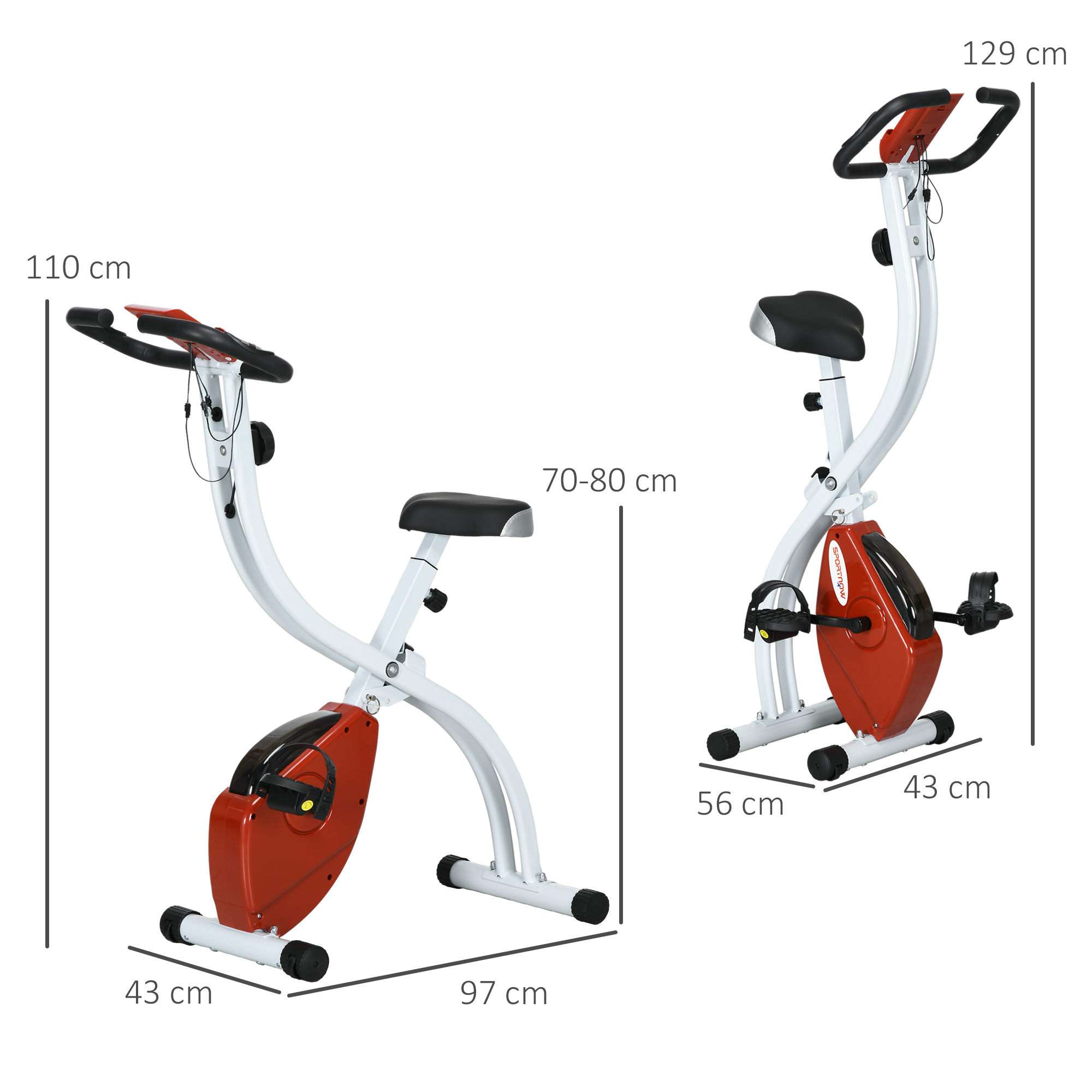 Due cyclette, una piegata. Entrambe sono bianche e rosse con misure. Quella piegata è a sinistra.