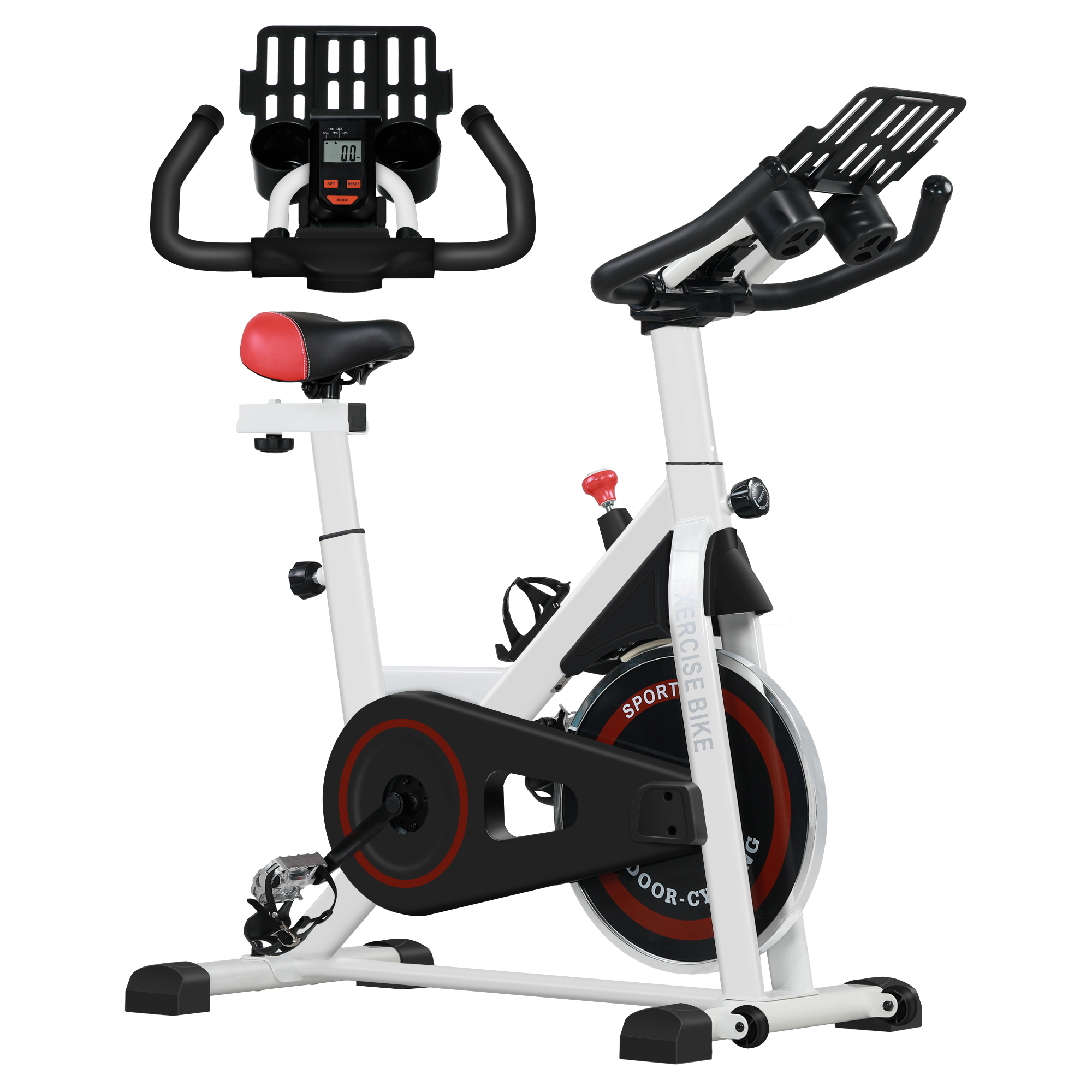 Cyclette bianca con dettagli rossi e neri. Ha un display e un portabottiglie, sfondo bianco.