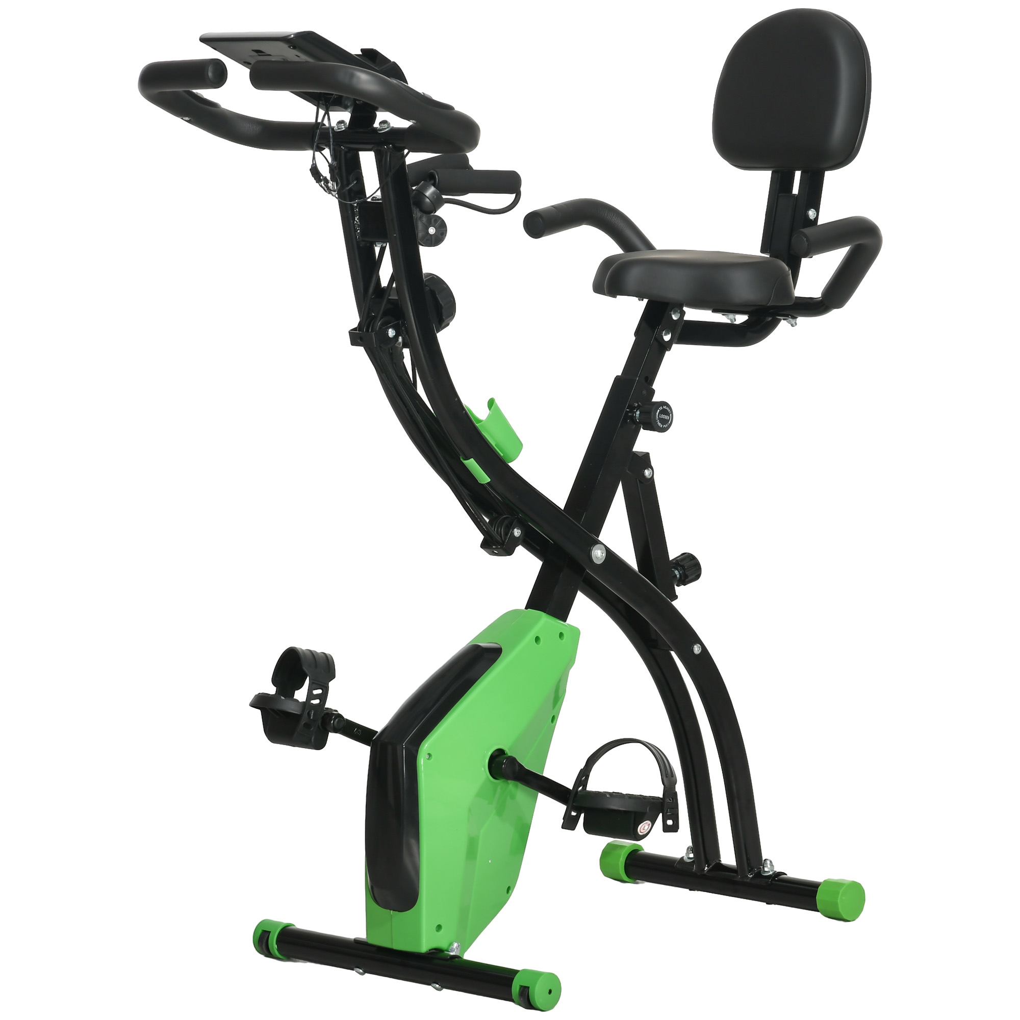 Una cyclette pieghevole. Schema di colori verde e nero. Pedali neri.