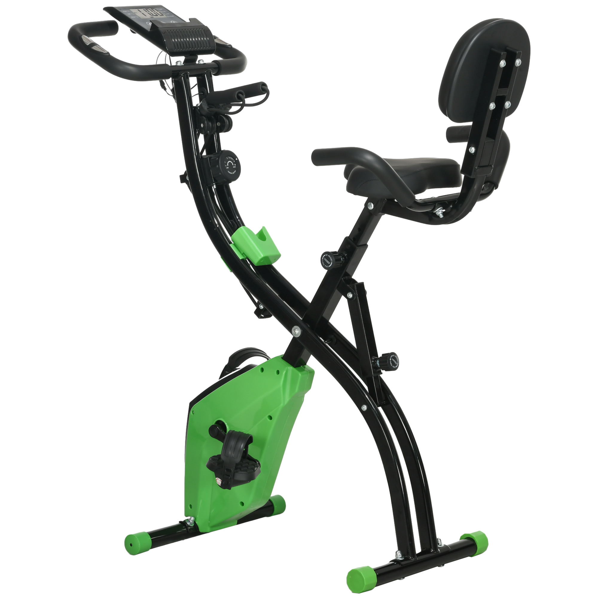 Una cyclette nera con accenti verdi. È in uno studio con sfondo bianco.