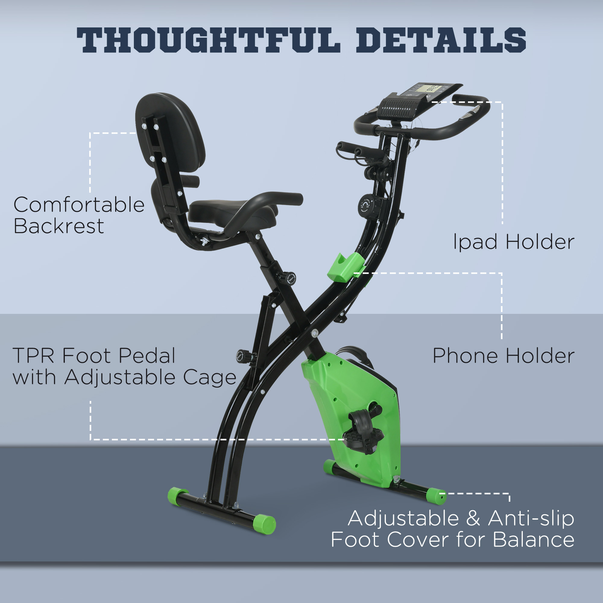 Una cyclette con caratteristiche etichettate: schienale, supporto per iPad, supporto per telefono, pedale e copertura antiscivolo.