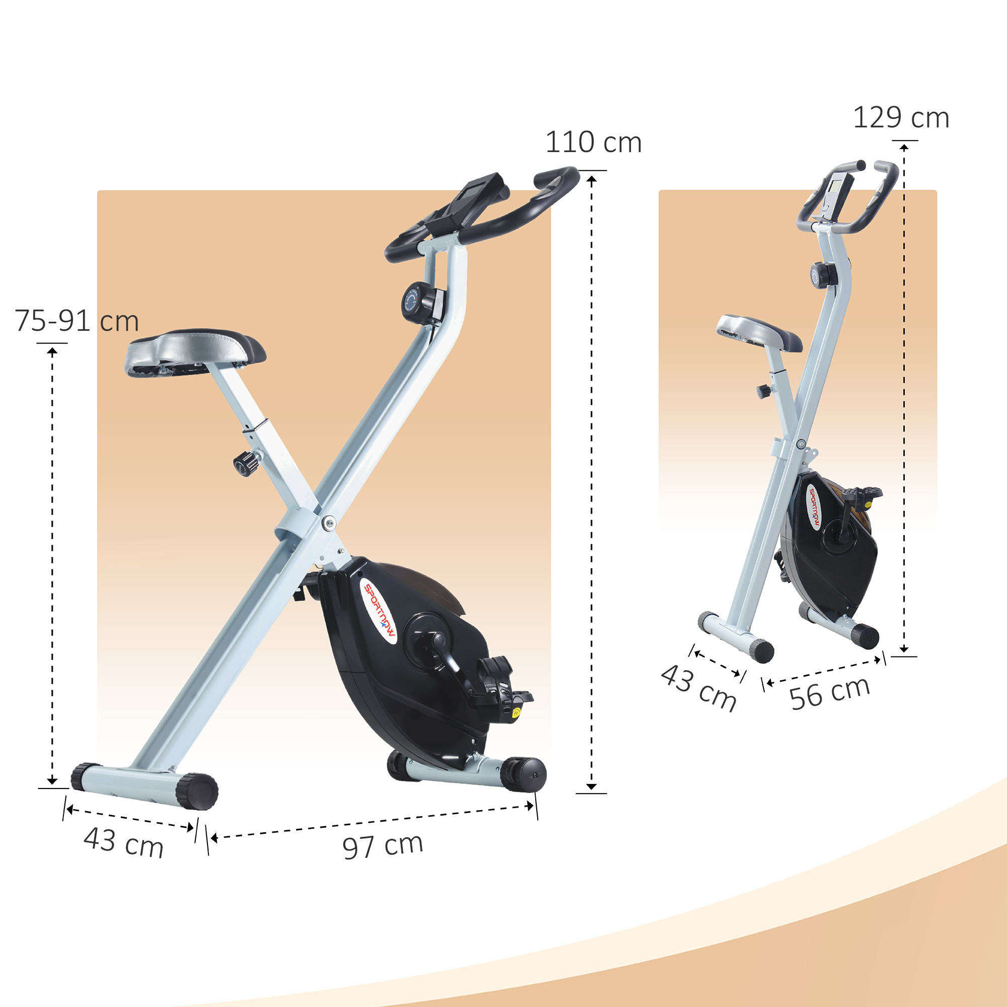 Cyclette con dimensioni indicate. Grigio e bianco, con volano e sedile neri, su sfondo beige.