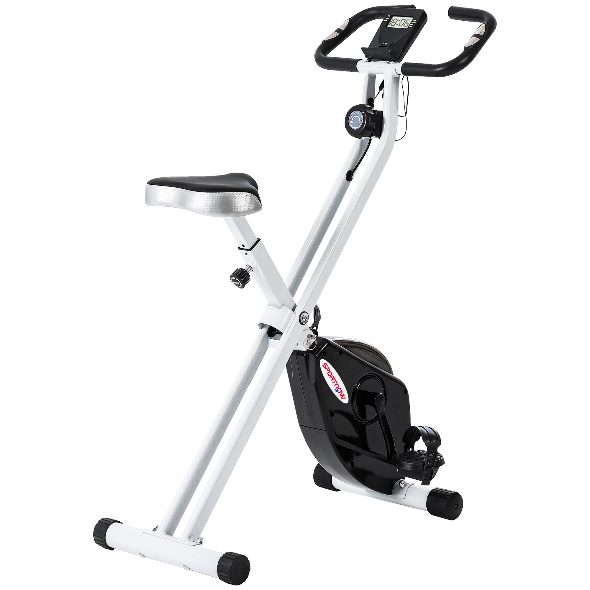 Cyclette bianca con dettagli neri. Un display digitale è sul manubrio.
