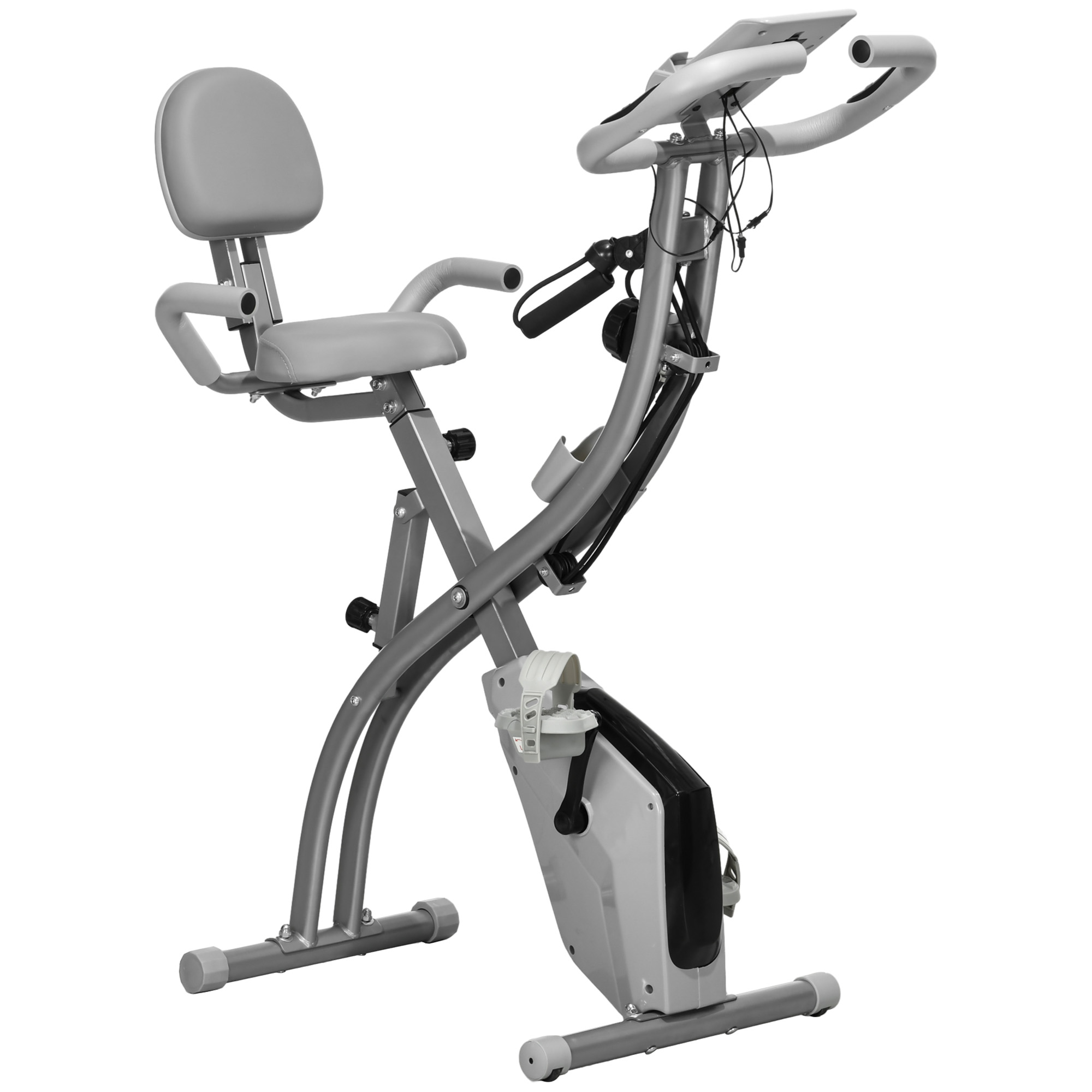 Bicicletta da palestra pieghevole grigia su sfondo bianco. Ha schienale e maniglie.