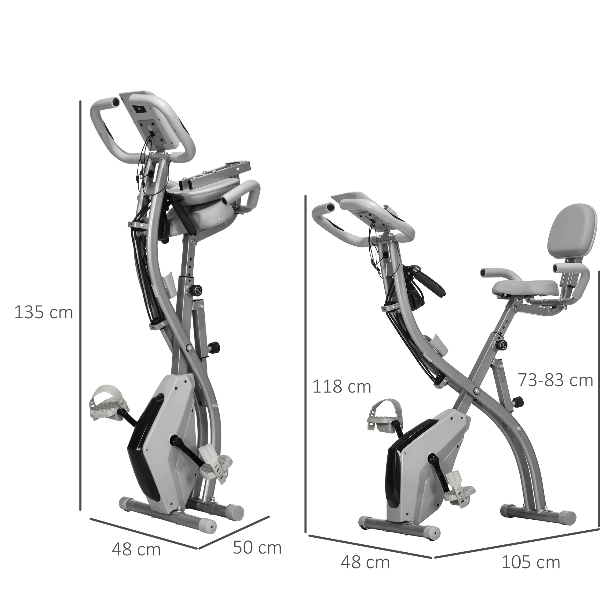 Zwei Heimtrainer, einer aufrecht und einer liegend, mit Maßangaben.