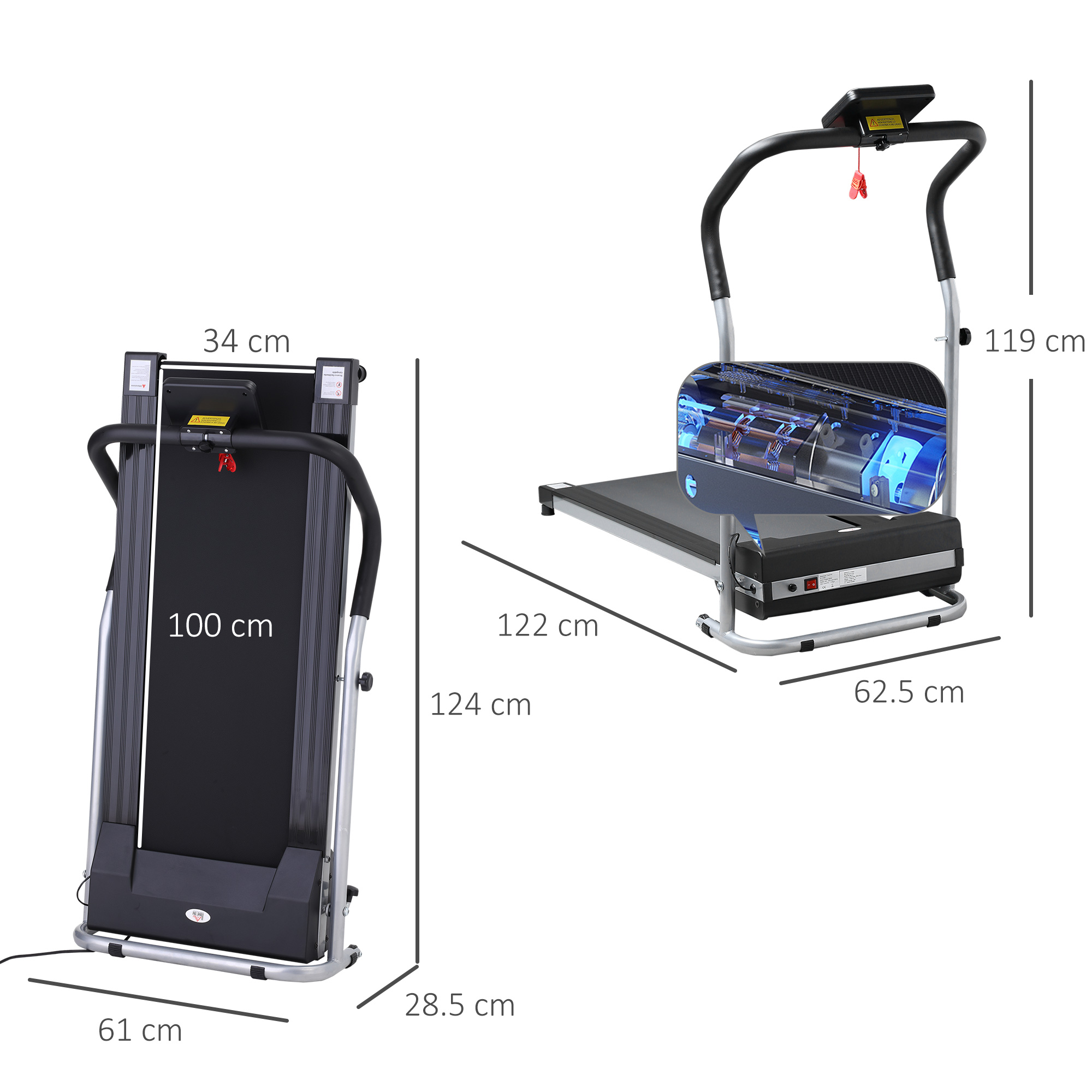 Tapis roulant nero con sovrapposizione di misure, che mostra dimensioni e angoli su sfondo bianco.