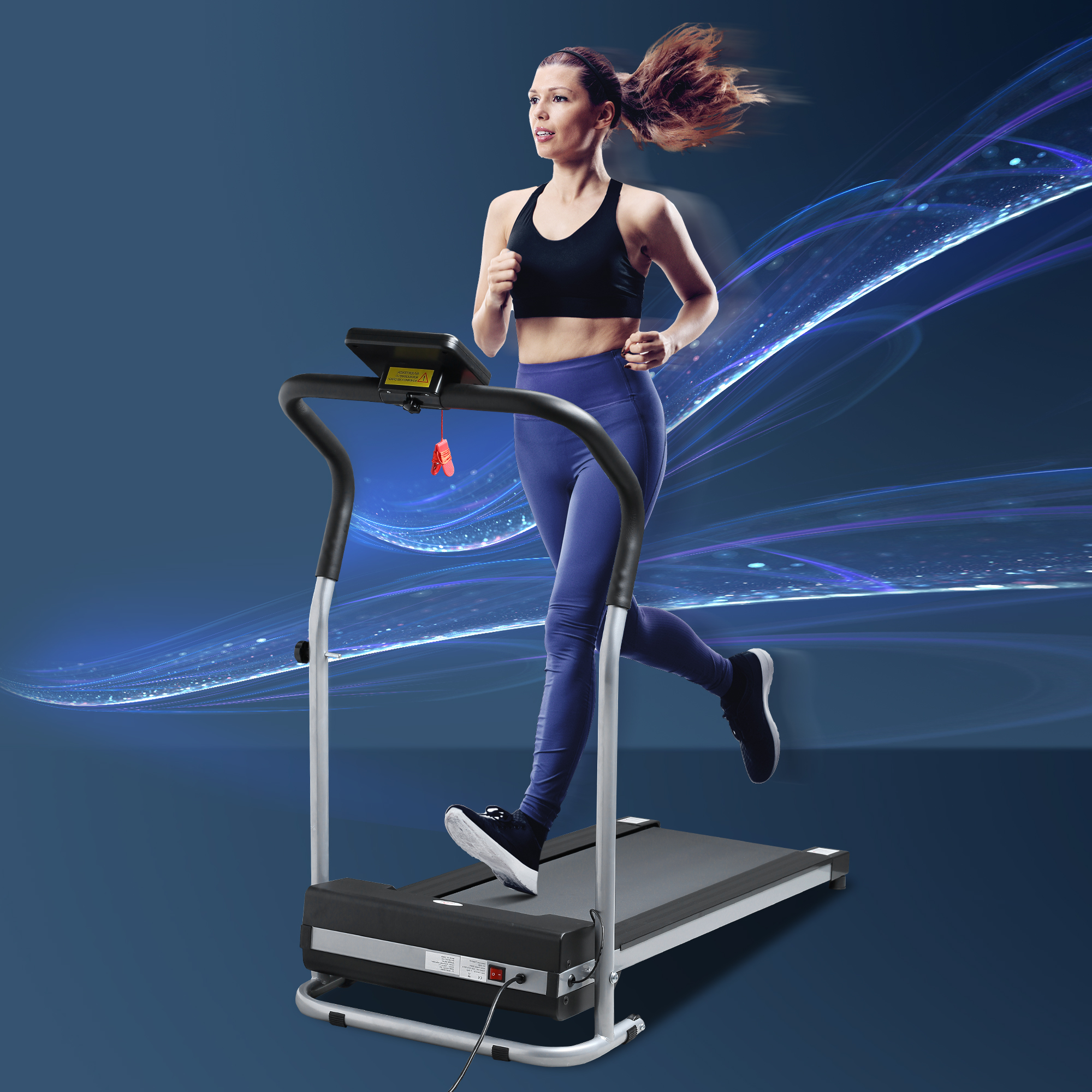 Donna che corre su un tapis roulant. Indossa abiti da allenamento. Sfondo astratto blu.