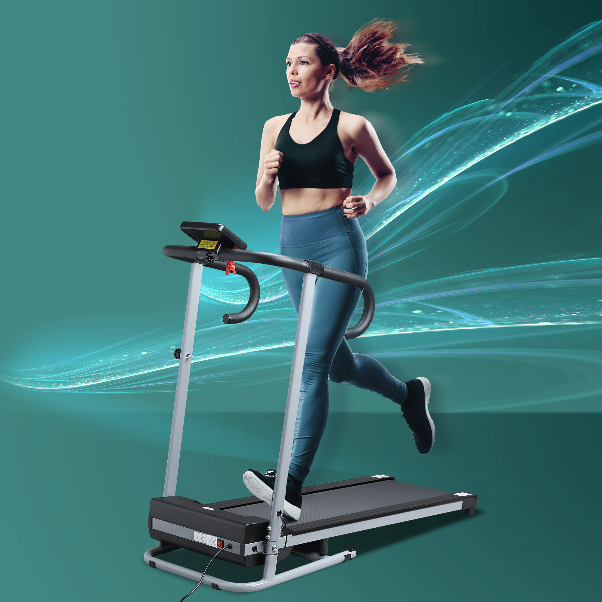 Una donna che corre su un tapis roulant. Lo sfondo è astratto blu e verde.