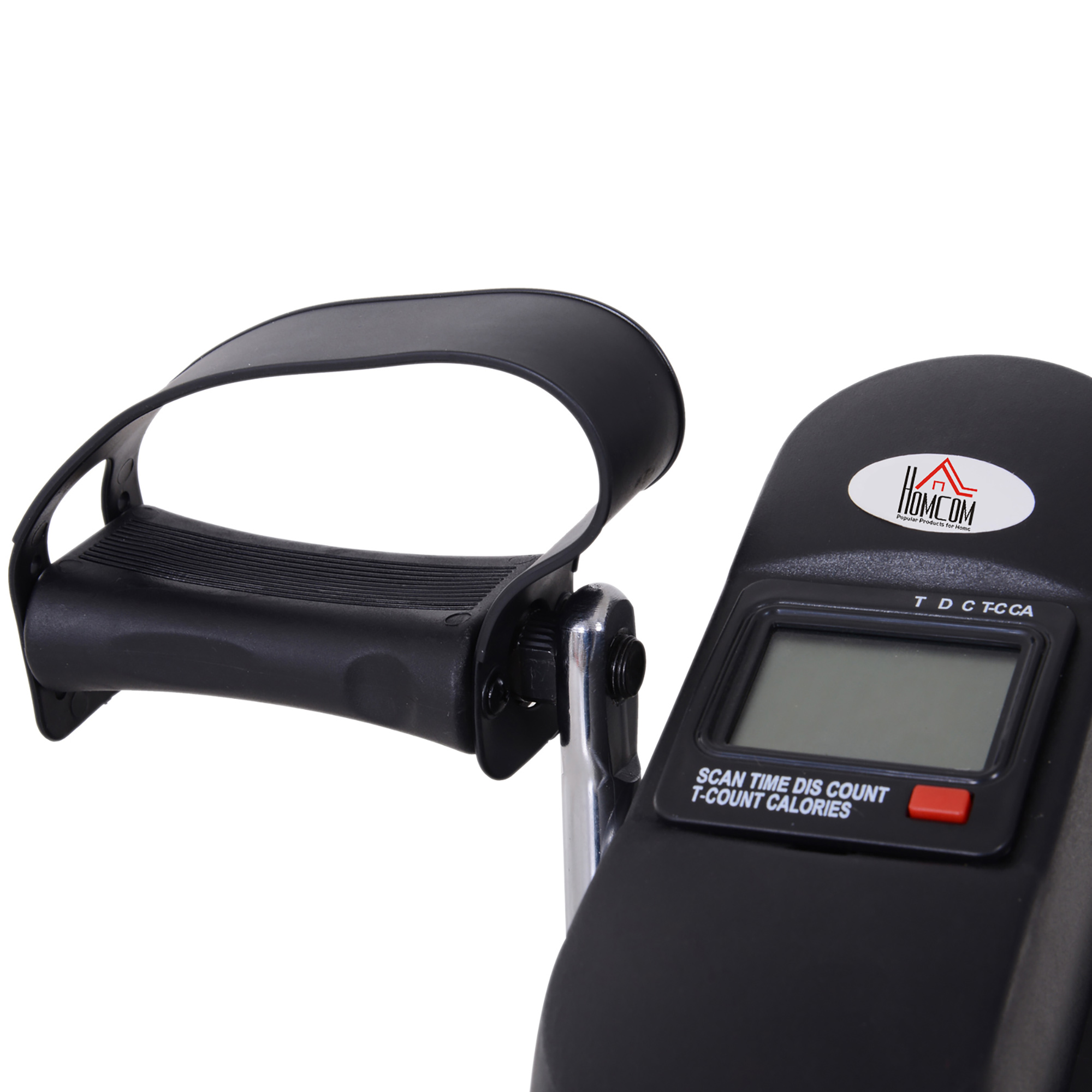 Nahaufnahme eines schwarzen Heimtrainer-Fußpedals und eines Bildschirms.