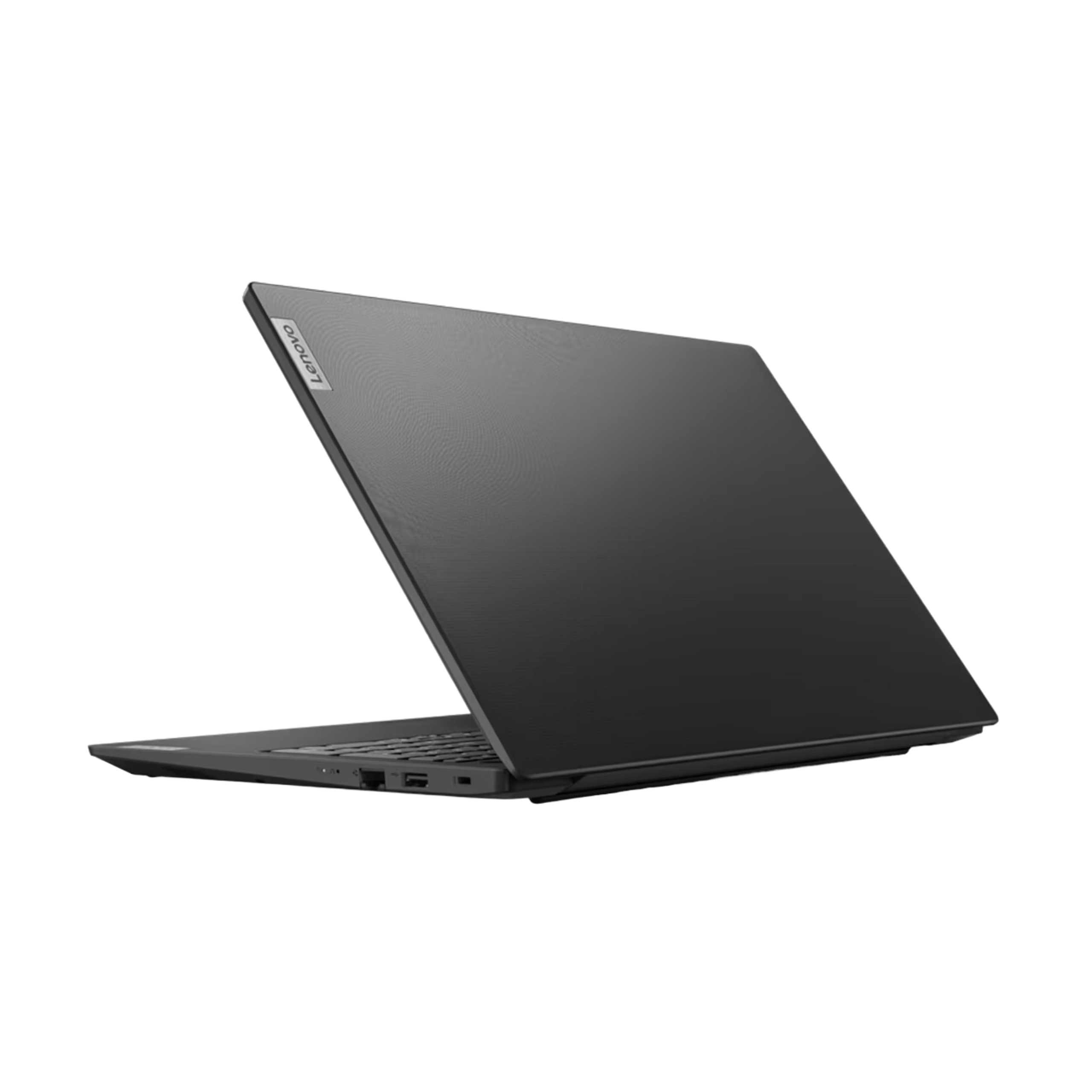 Schwarzer Lenovo Laptop, teilweise geöffnet, angewinkelte Ansicht. Zeigt die Rückseite des Laptops.