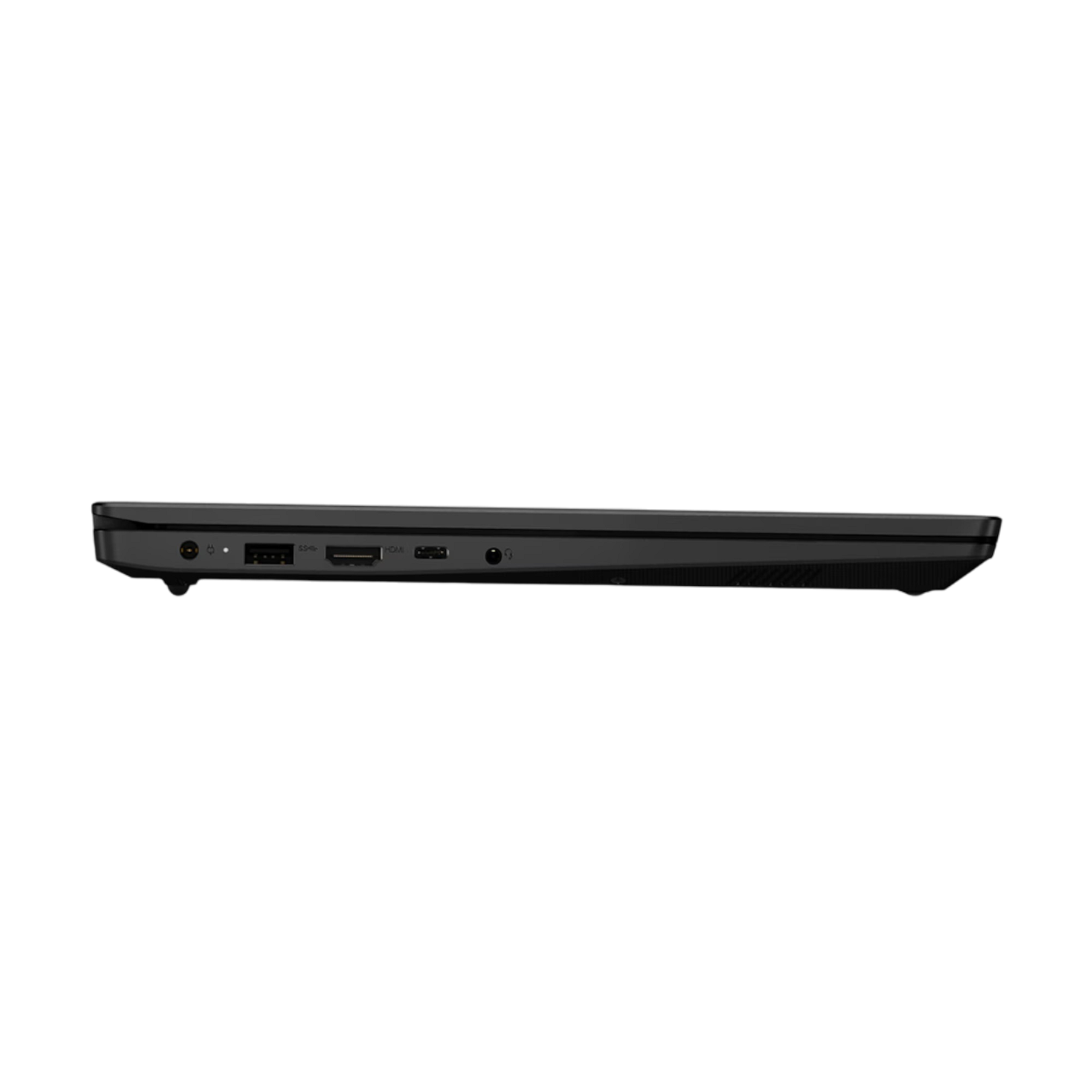 Ein schwarzer Laptop von der Seite gesehen. Anschlüsse auf der rechten Seite sichtbar.