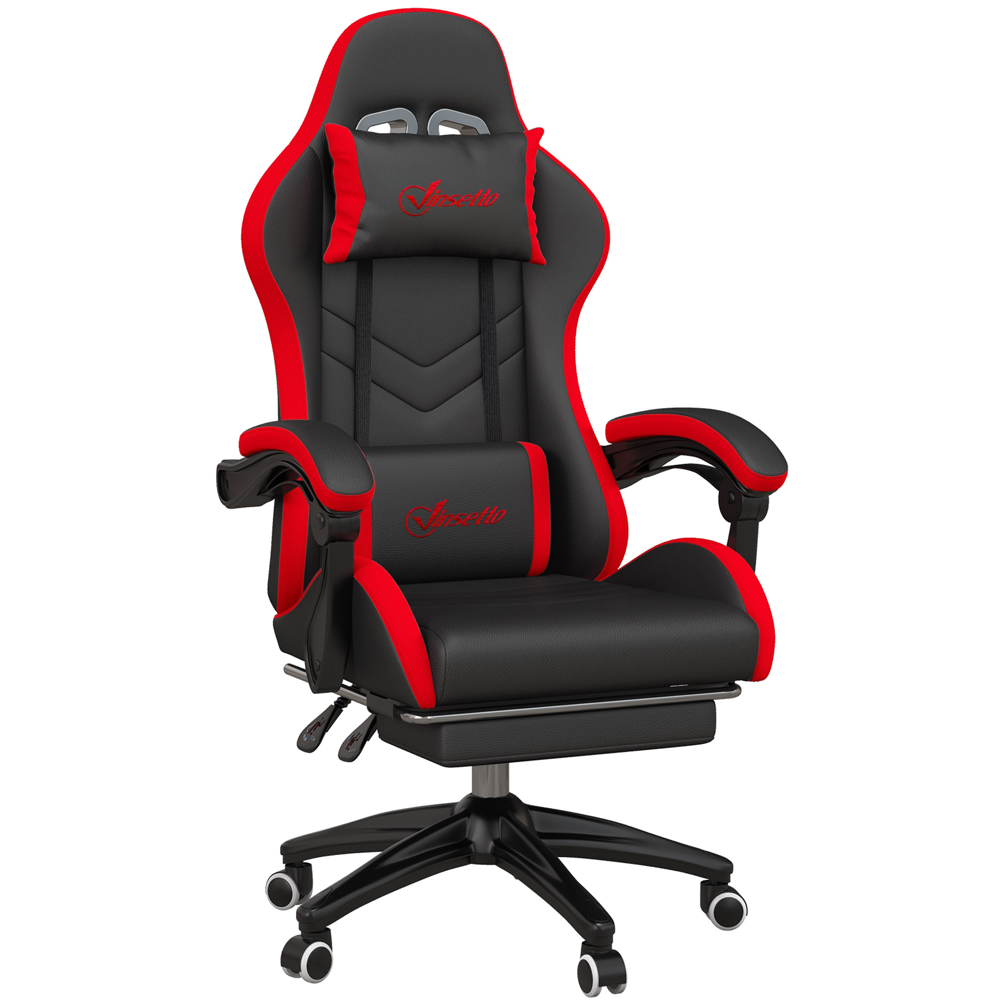 Sedia da gaming nera e rossa con cuscino per la testa e poggiapiedi, su sfondo bianco.