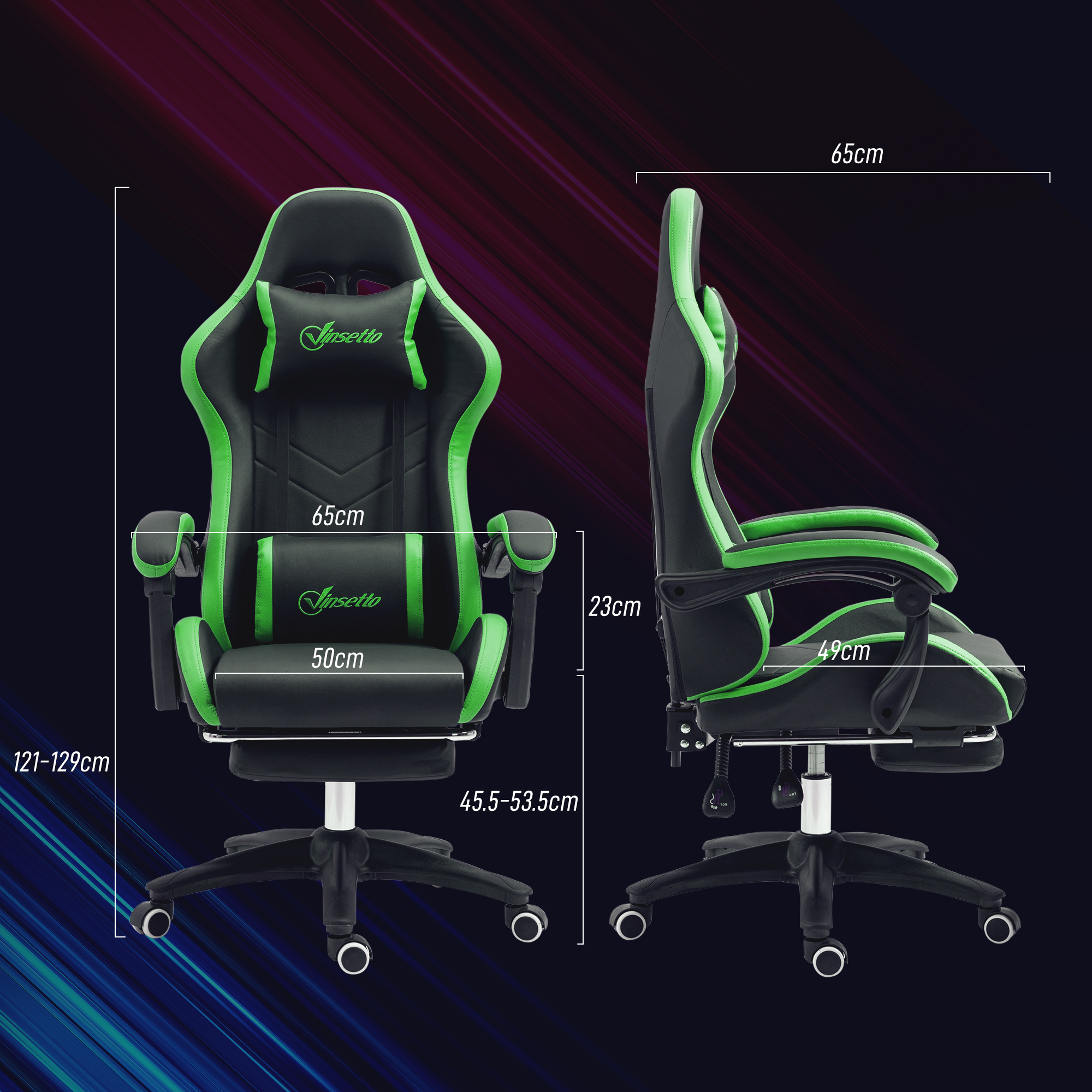Una sedia da gioco nera e verde. La sedia ha un poggiapiedi. Dimensioni visibili.