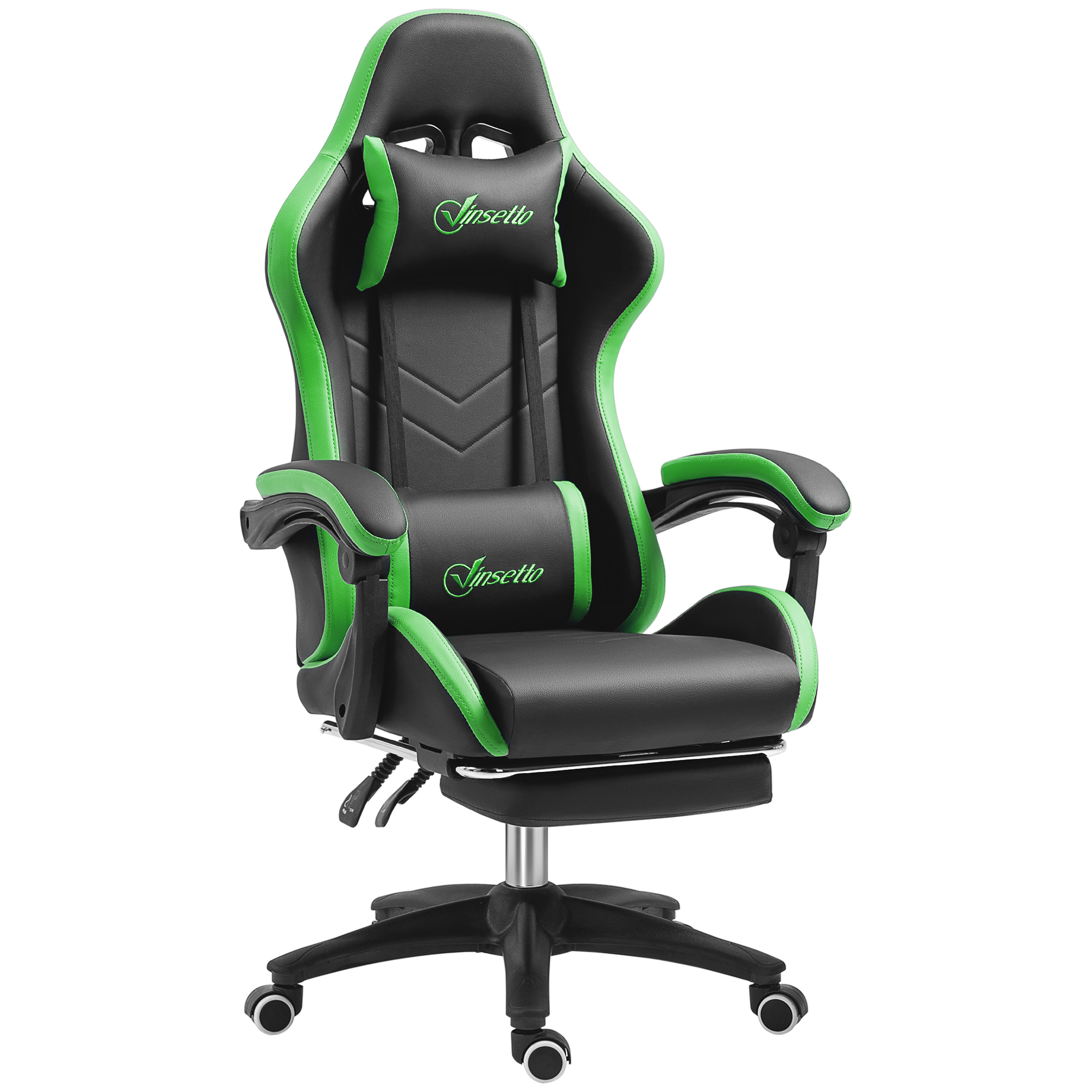 Sedia da gaming con design nero e verde. Poggiatesta, braccioli, base nera, poggiapiedi, sfondo bianco.