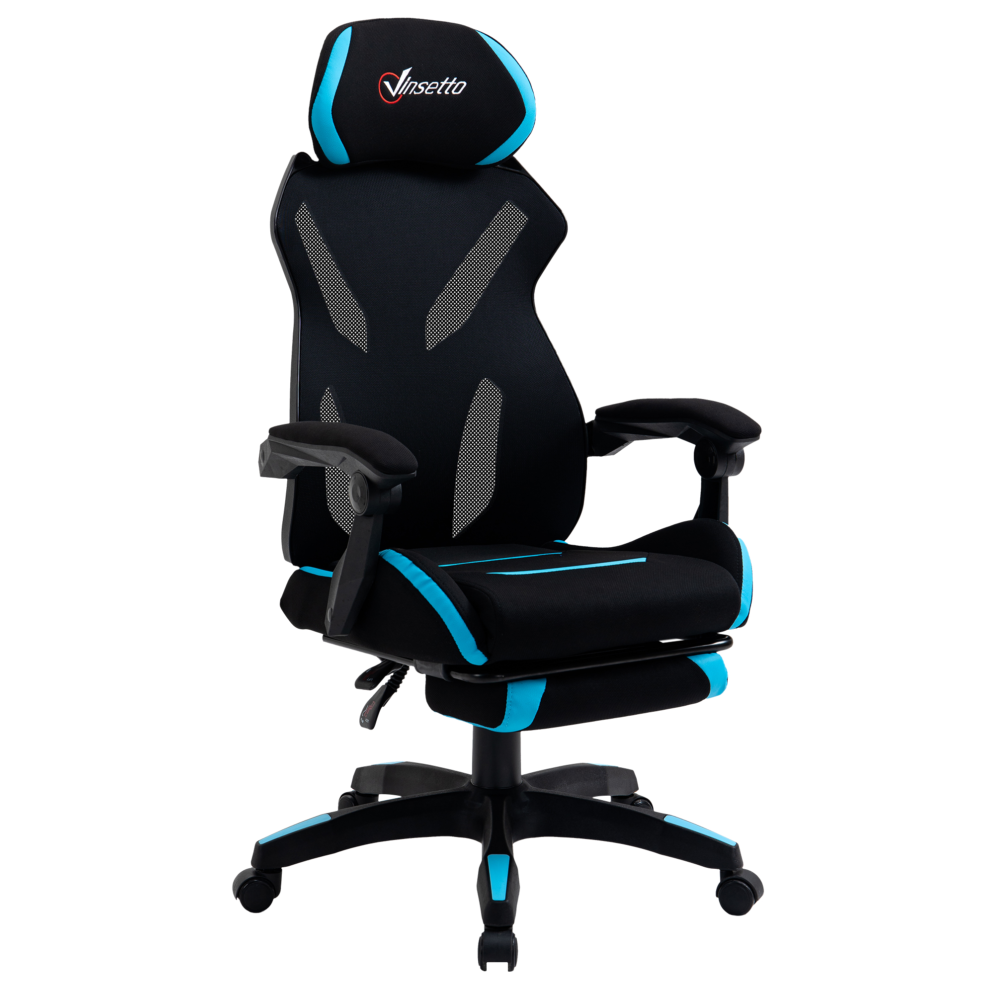 Sedia da gaming, nera con accenti blu, su sfondo bianco. Ha un poggiatesta.