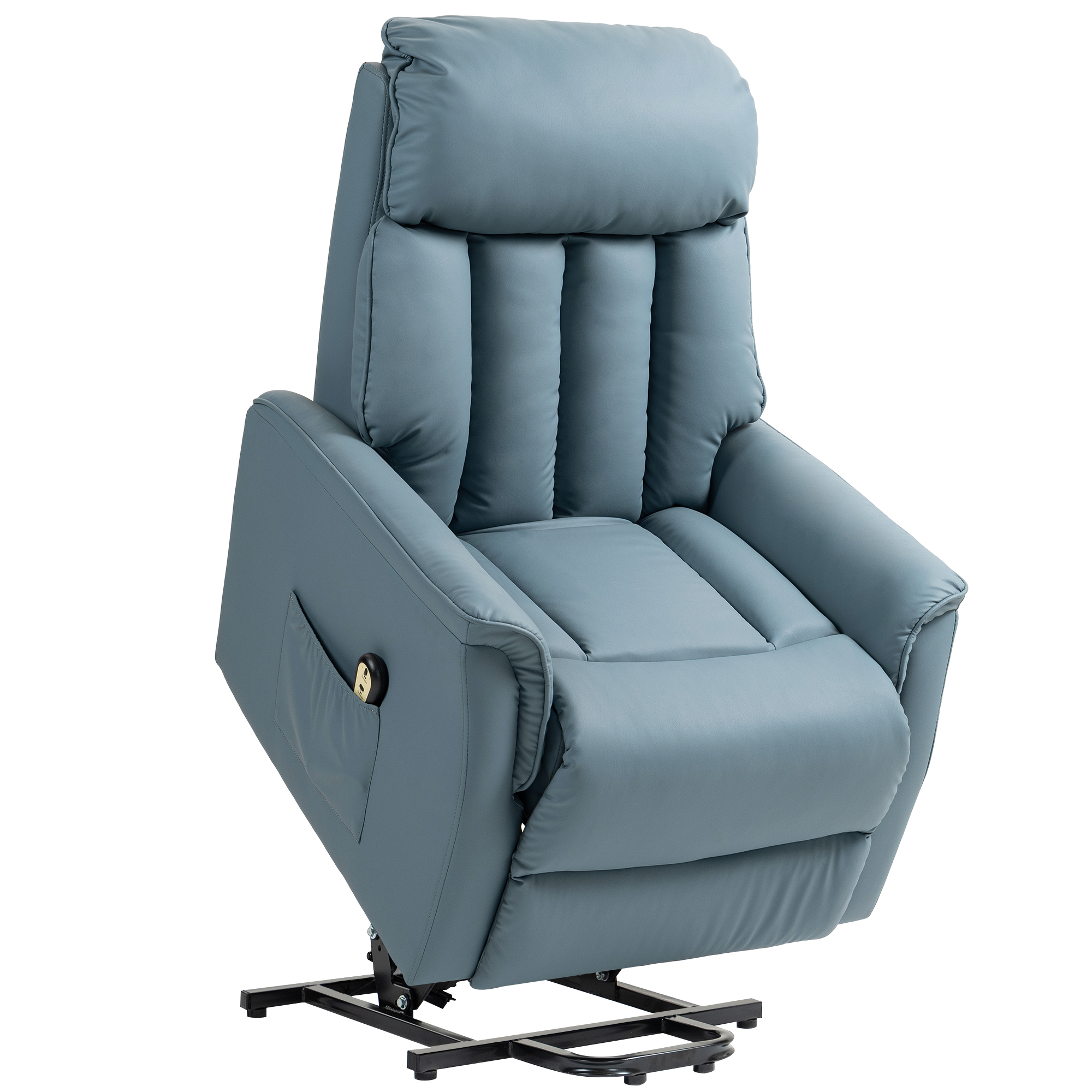 Poltrona reclinabile blu con base nera. È in una stanza con una parete di colore neutro.