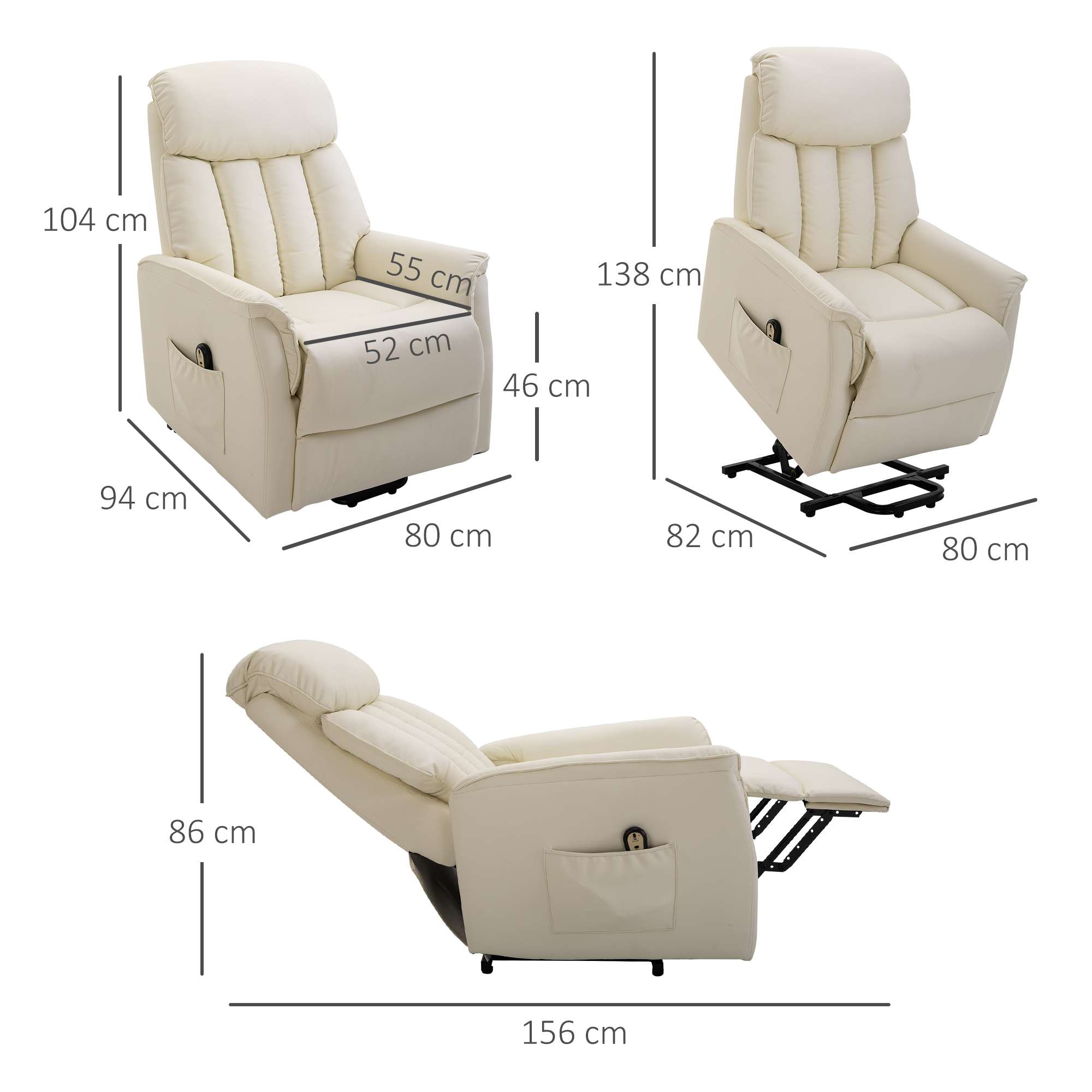 Tre angolazioni di una poltrona reclinabile color crema con dimensioni etichettate in centimetri.