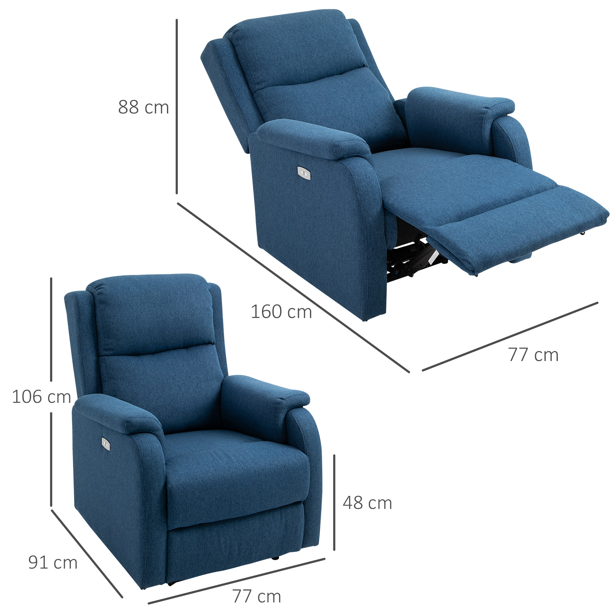 Due poltrone reclinabili blu. Una è chiusa, l'altra è reclinata. Le dimensioni sono indicate.