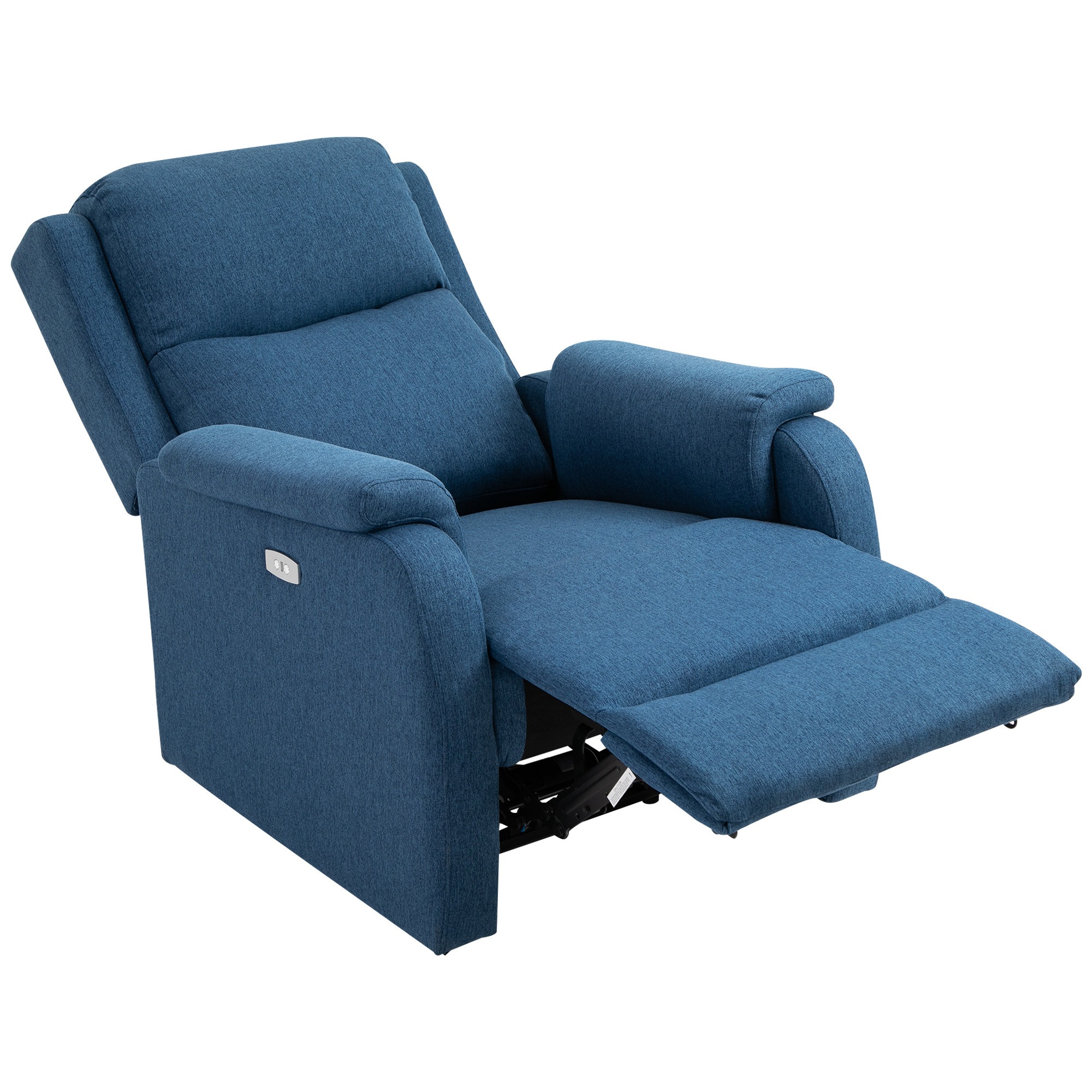 Una poltrona reclinabile blu è estesa. Ha una tasca laterale ed è su sfondo bianco.