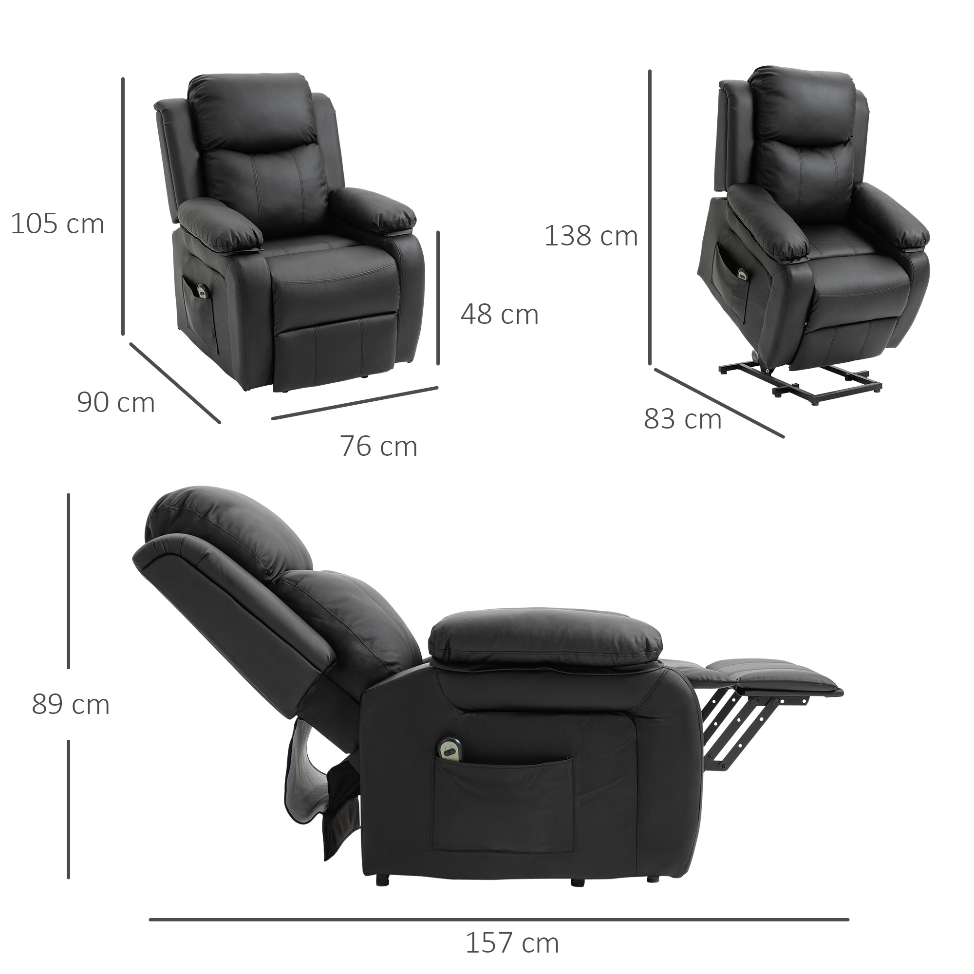 Poltrona reclinabile nera con dimensioni su sfondo bianco.