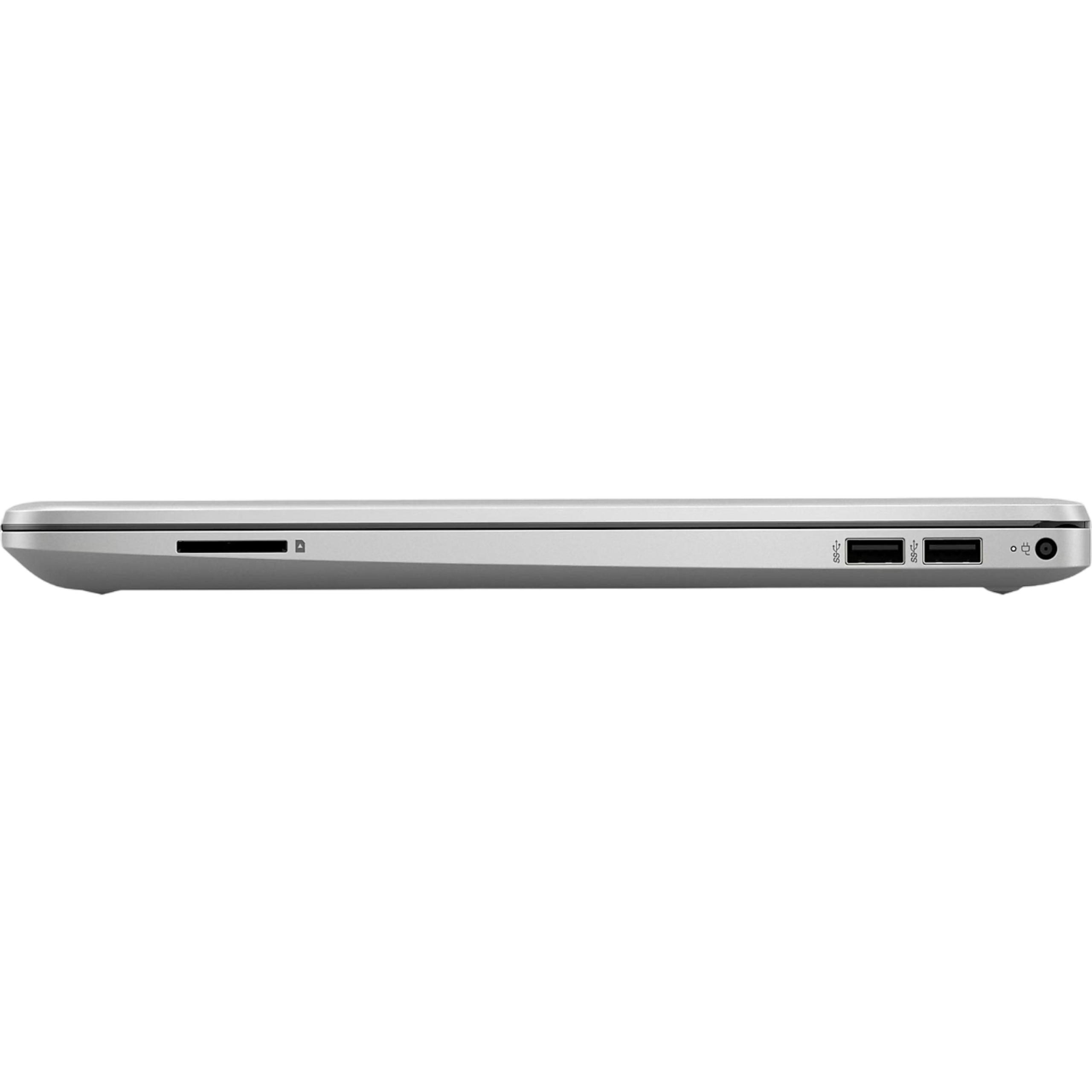 Silberner Laptop-Seitenansicht mit Anschlüssen. SD-Kartensteckplatz, USB und Kopfhöreranschluss sichtbar.