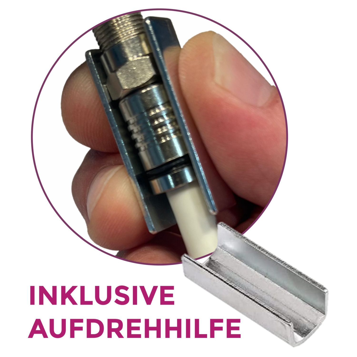 Hand, die einen Kabelanschluss mit Metallclip hält, Text: 'INCL. AUFDREHHILFE'.