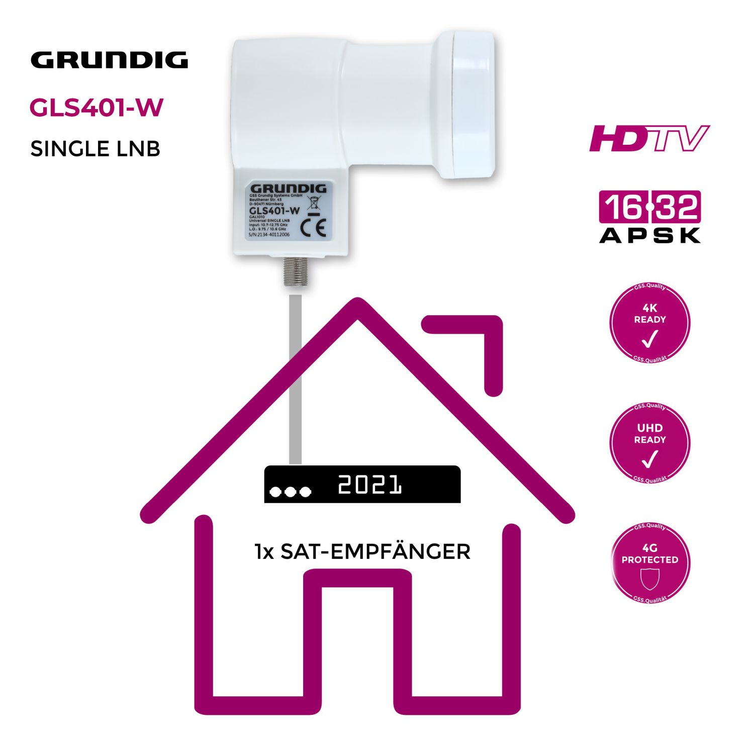 Ein Satellitenempfänger mit weißer Box, lila Hausumriss und verschiedenen Logos.